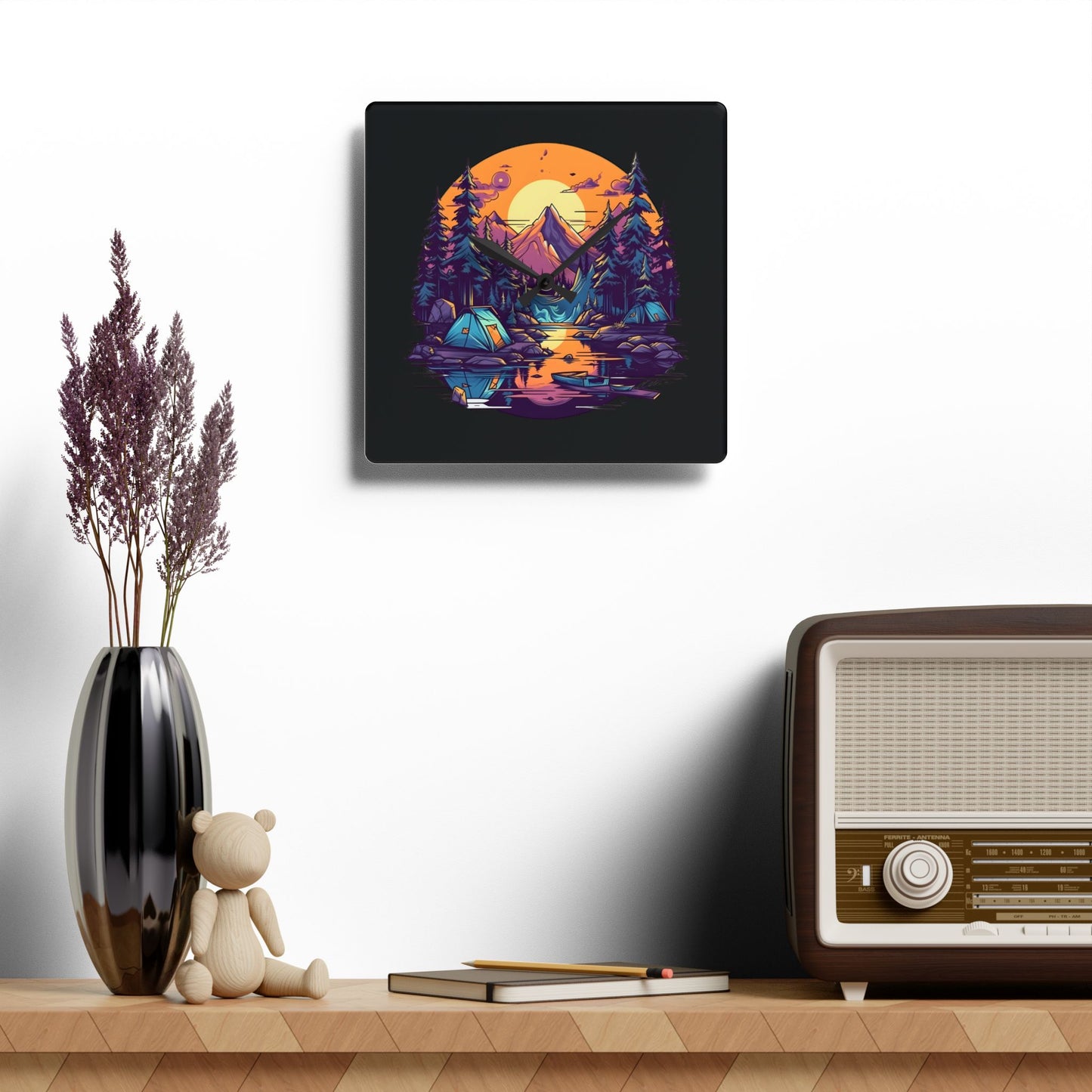 Mountain Lake Camping Acrylic Wall Clock - Modern Nature Home Decor with Scenic Outdoor Art