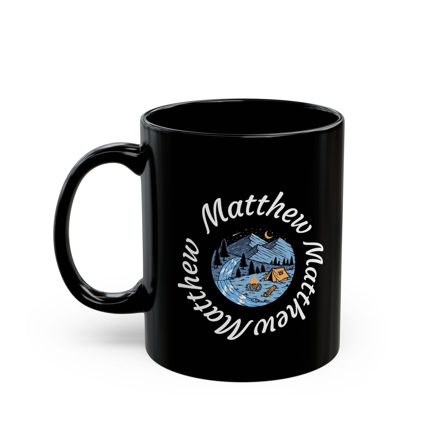 Personalized Circular Name Night Camp Black Mug - Custom Repeating Name Mountain Coffee Cup