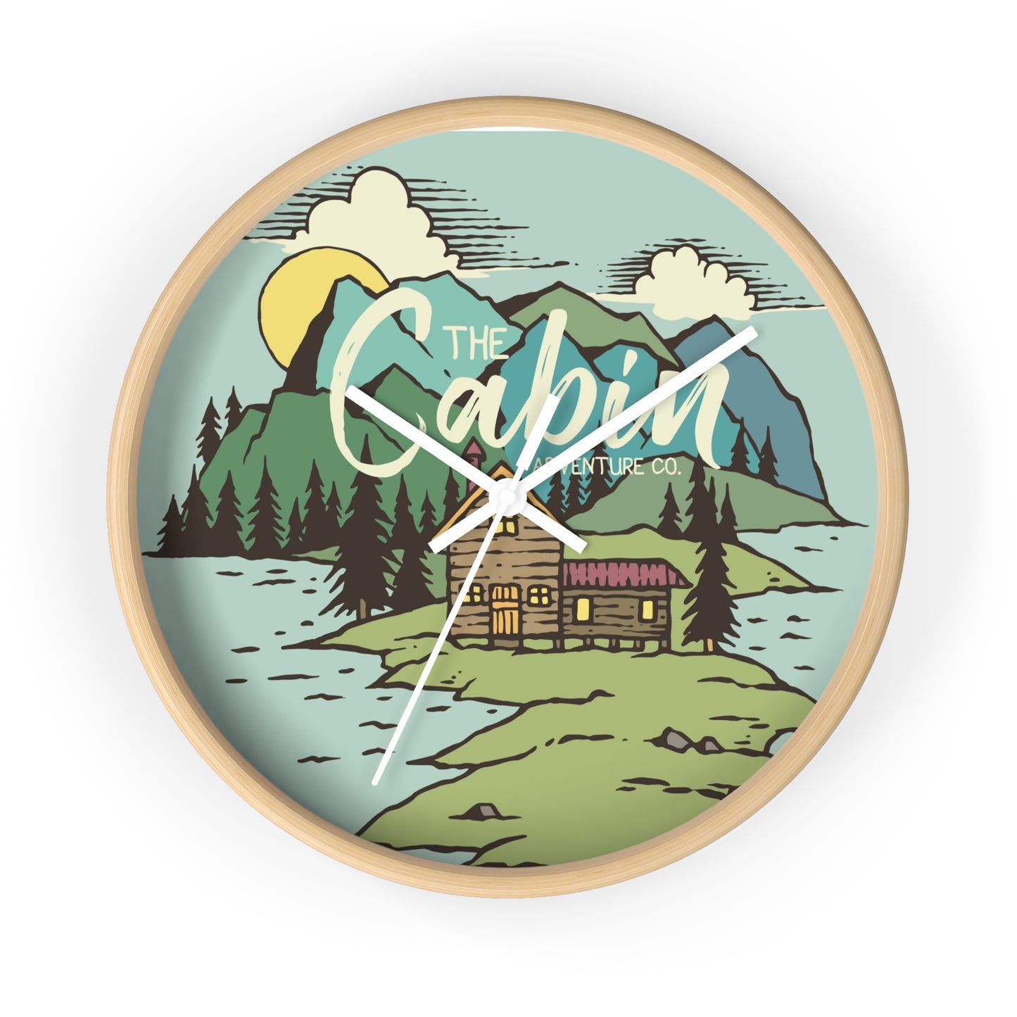 Cabin by the Lake Wall Clock - Cozy Nature Home Decor with Calm Mountain Illustration