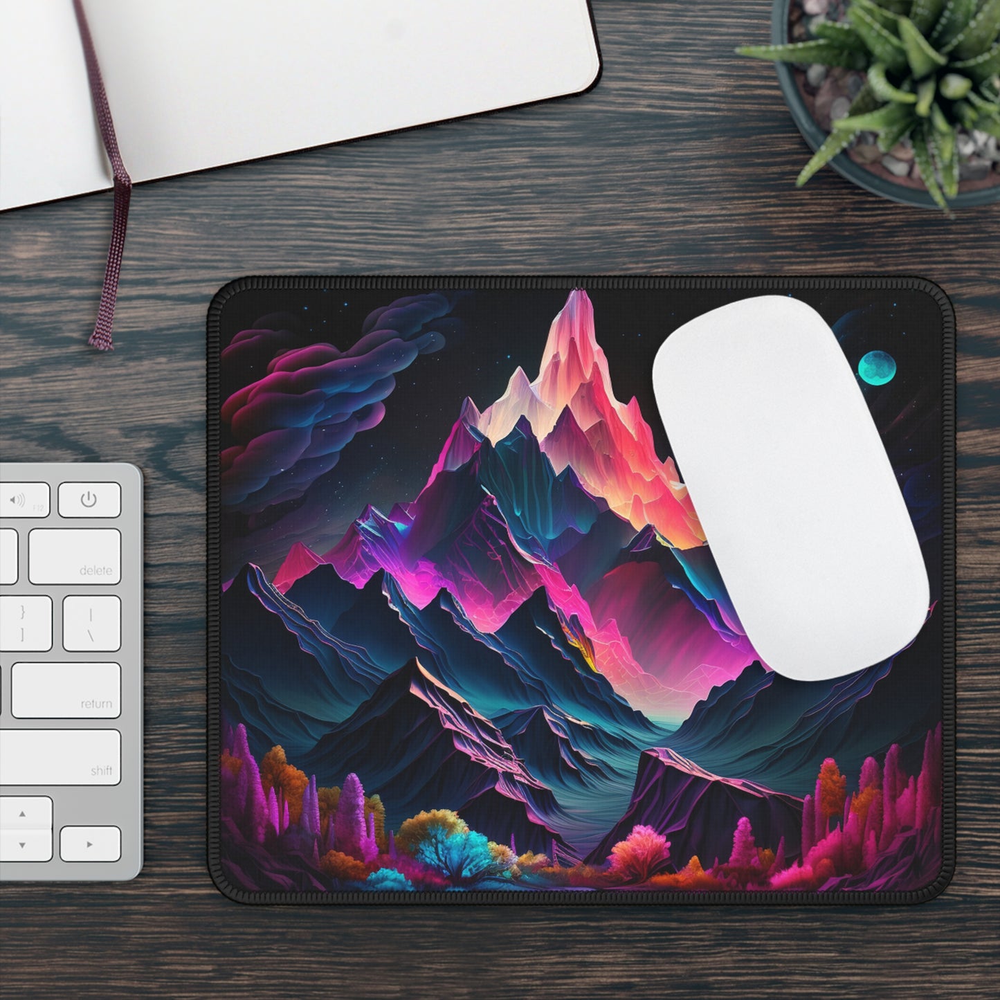 Dreamy Mountain Night Mouse Pad - Cozy Nature Desk Decor with Colorful Fantasy Landscape