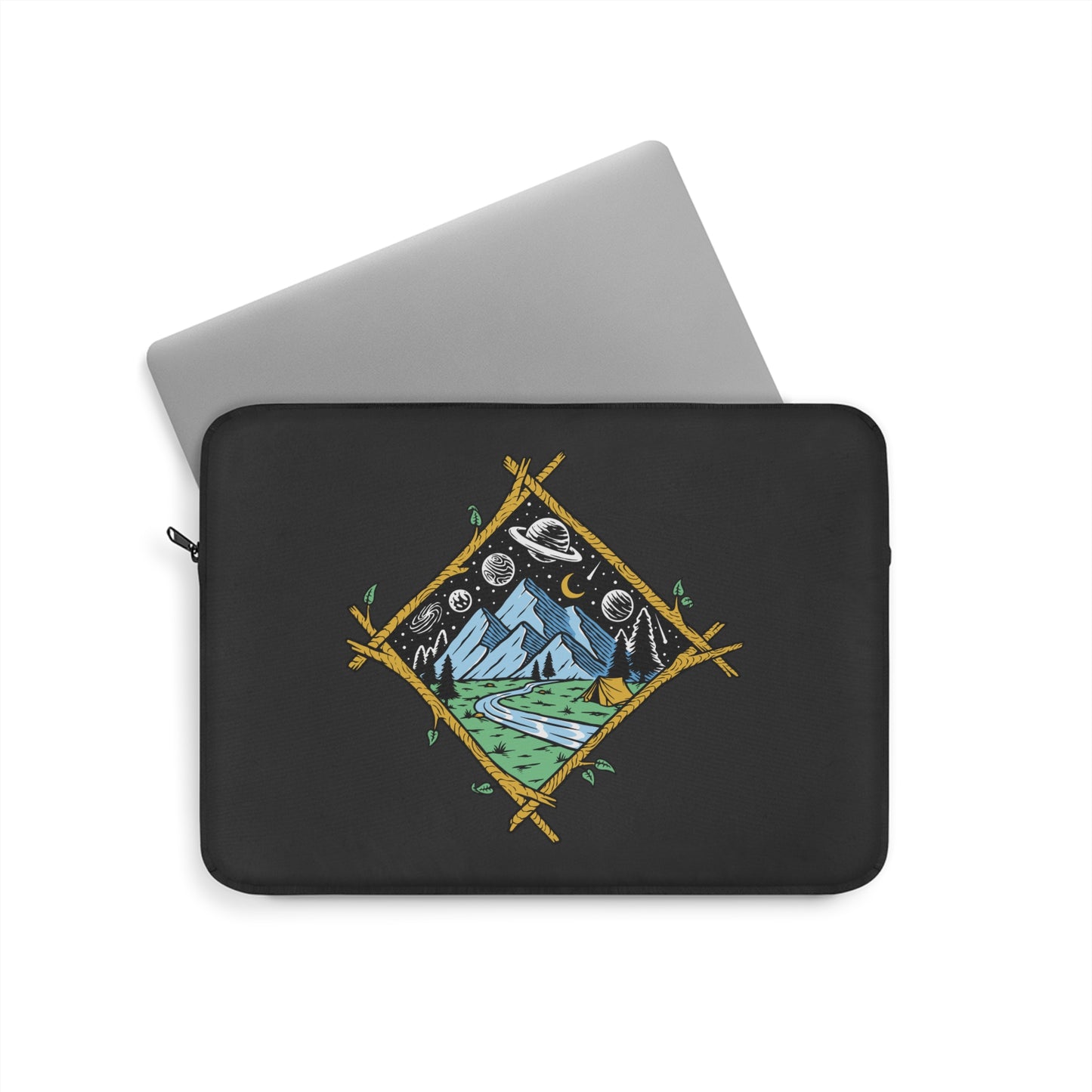 Cosmic Mountain Night Laptop Sleeve with Camping Illustration