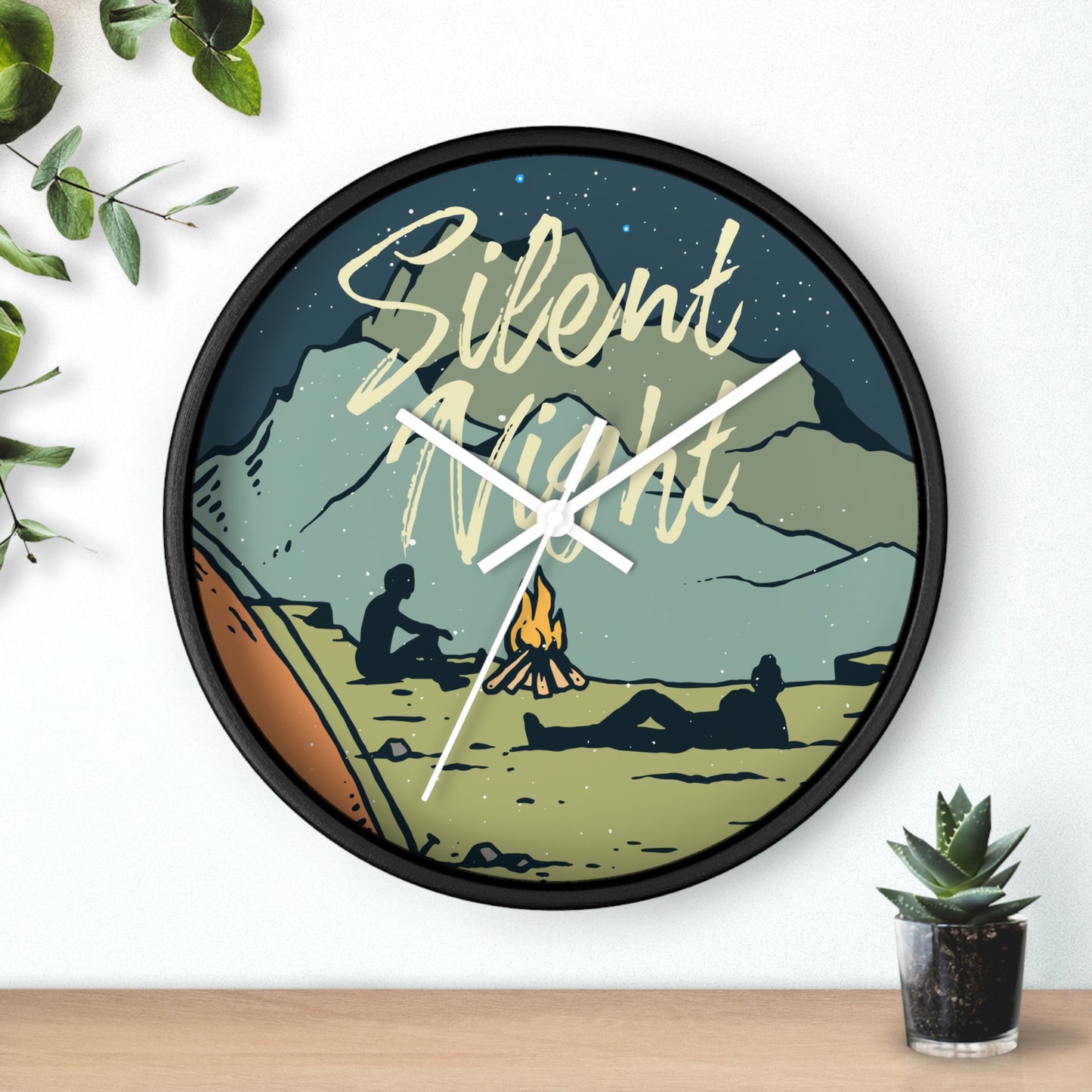 Silent Night Wall Clock - Cozy Nature Home Decor with Campfire and Mountain Scene