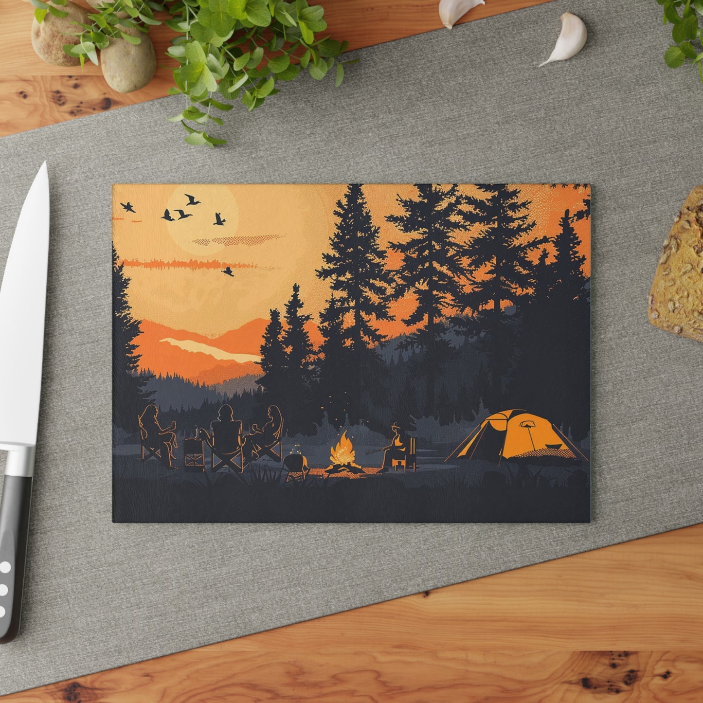 Camping Sunset Glass Cutting Board - Forest Campfire Kitchen Board, Outdoor Adventure Kitchen Decor