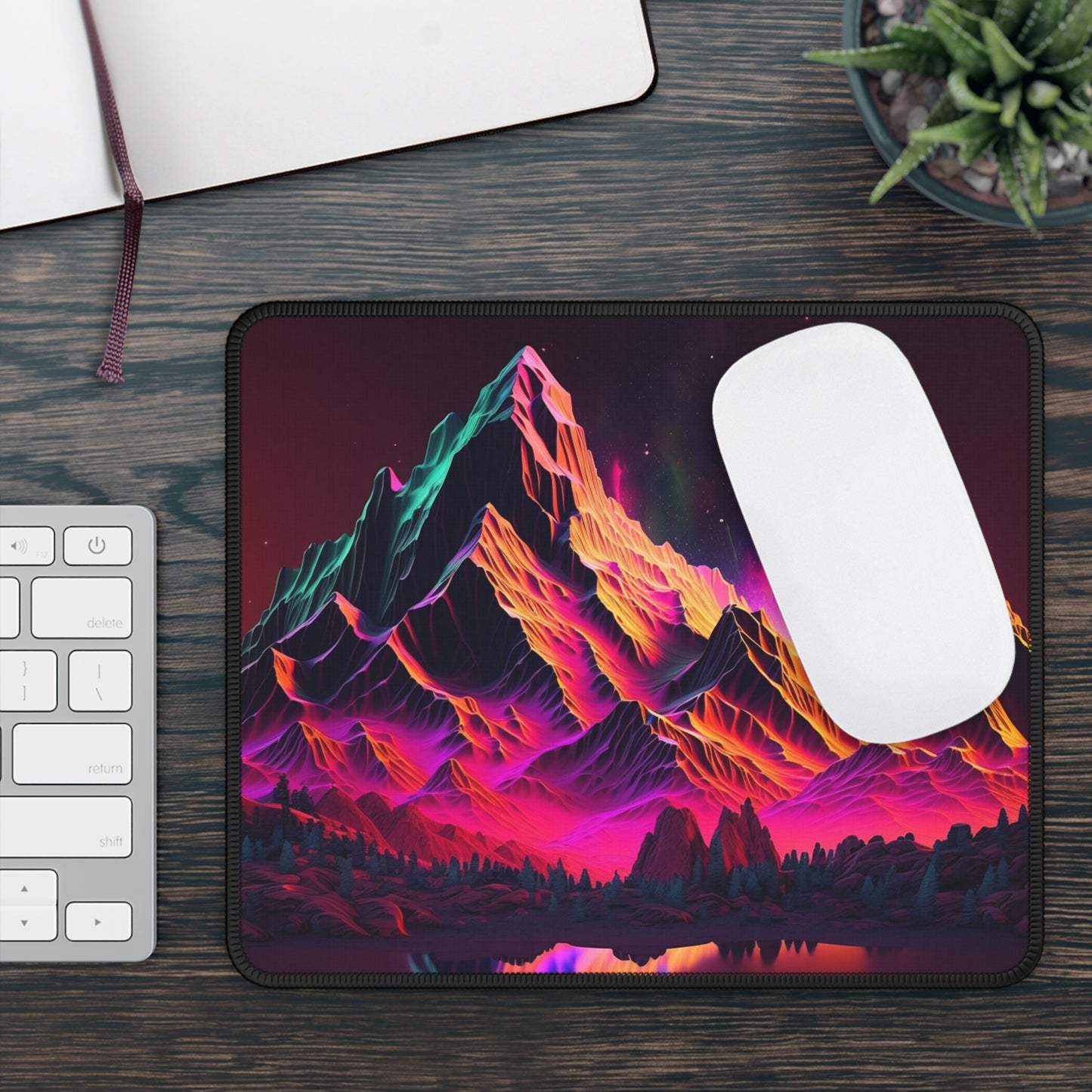Neon Mountain Night Mouse Pad - Cozy Nature Desk Decor with Dreamy Fantasy Landscape