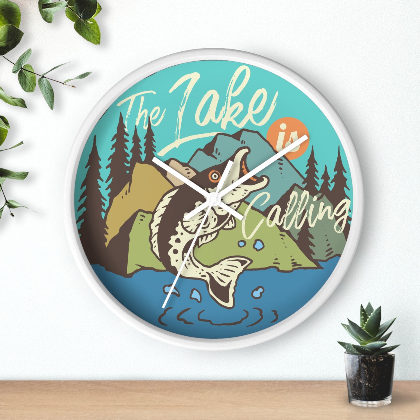 The Lake Is Calling Wall Clock - Cozy Nature Home Decor with Fishing Illustration