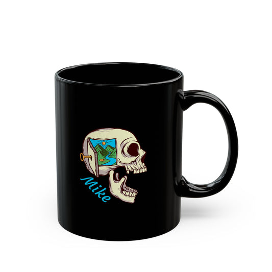 Personalized Skull Nature Black Mug - Custom Name Adventure Coffee Mug with Mountain Landscape Illustration