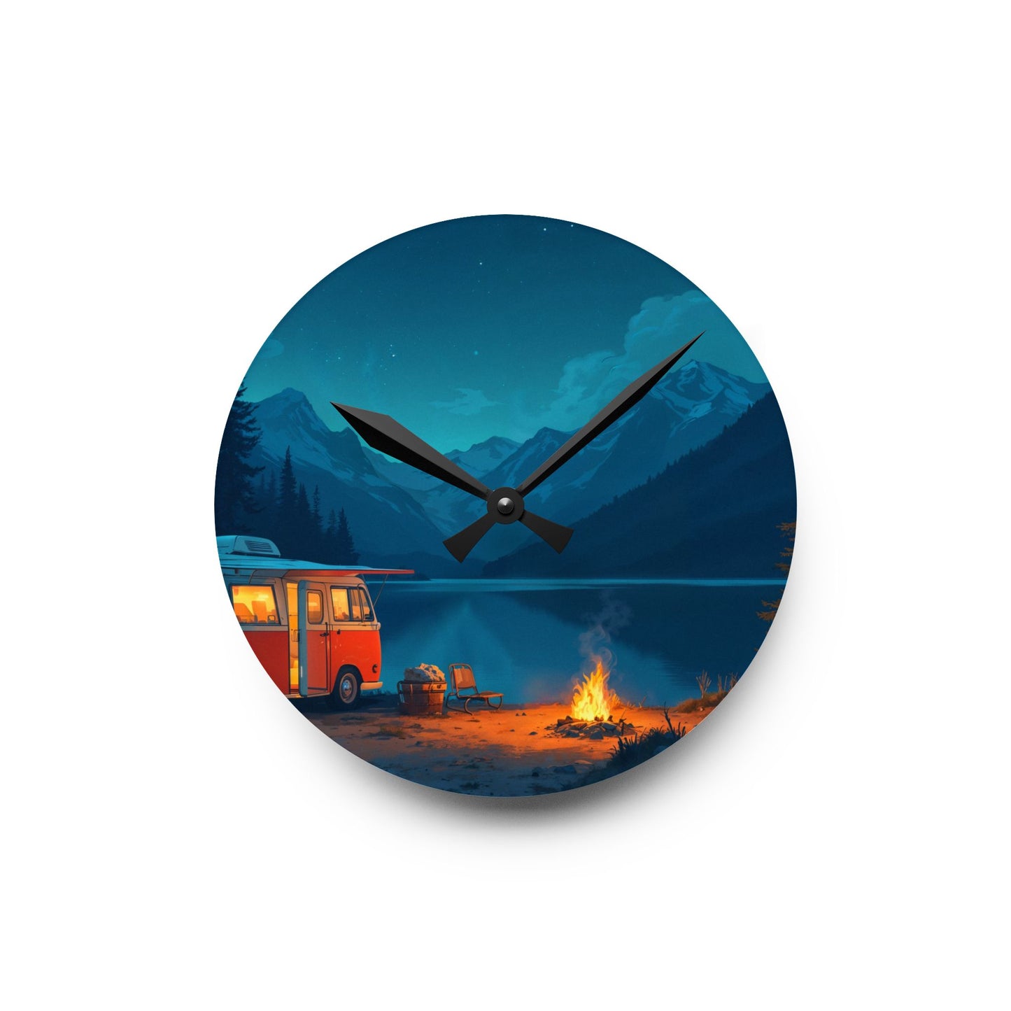 Van Life Night Lake Acrylic Wall Clock - Modern Nature Home Decor with Campfire Scene