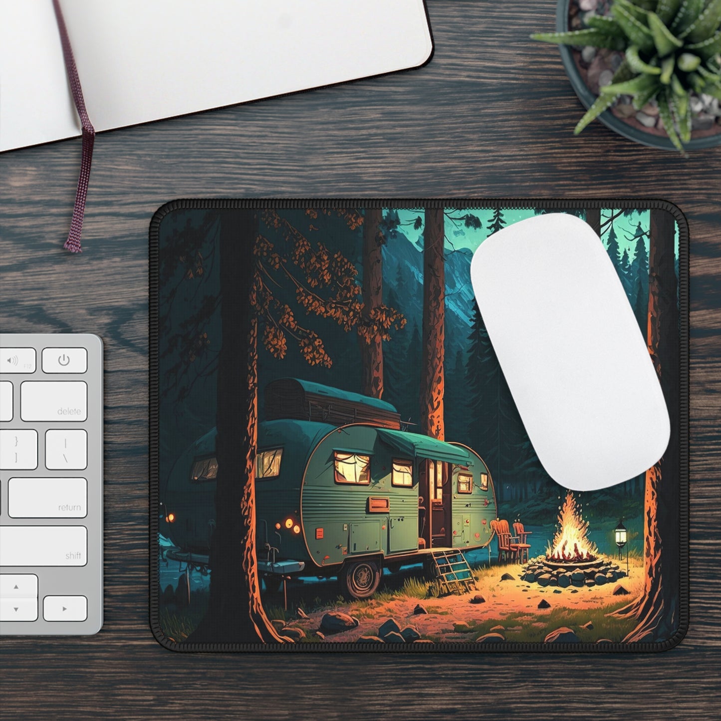 Forest Camping Trailer Mouse Pad - Cozy Nature Desk Decor with Warm Evening Vibes