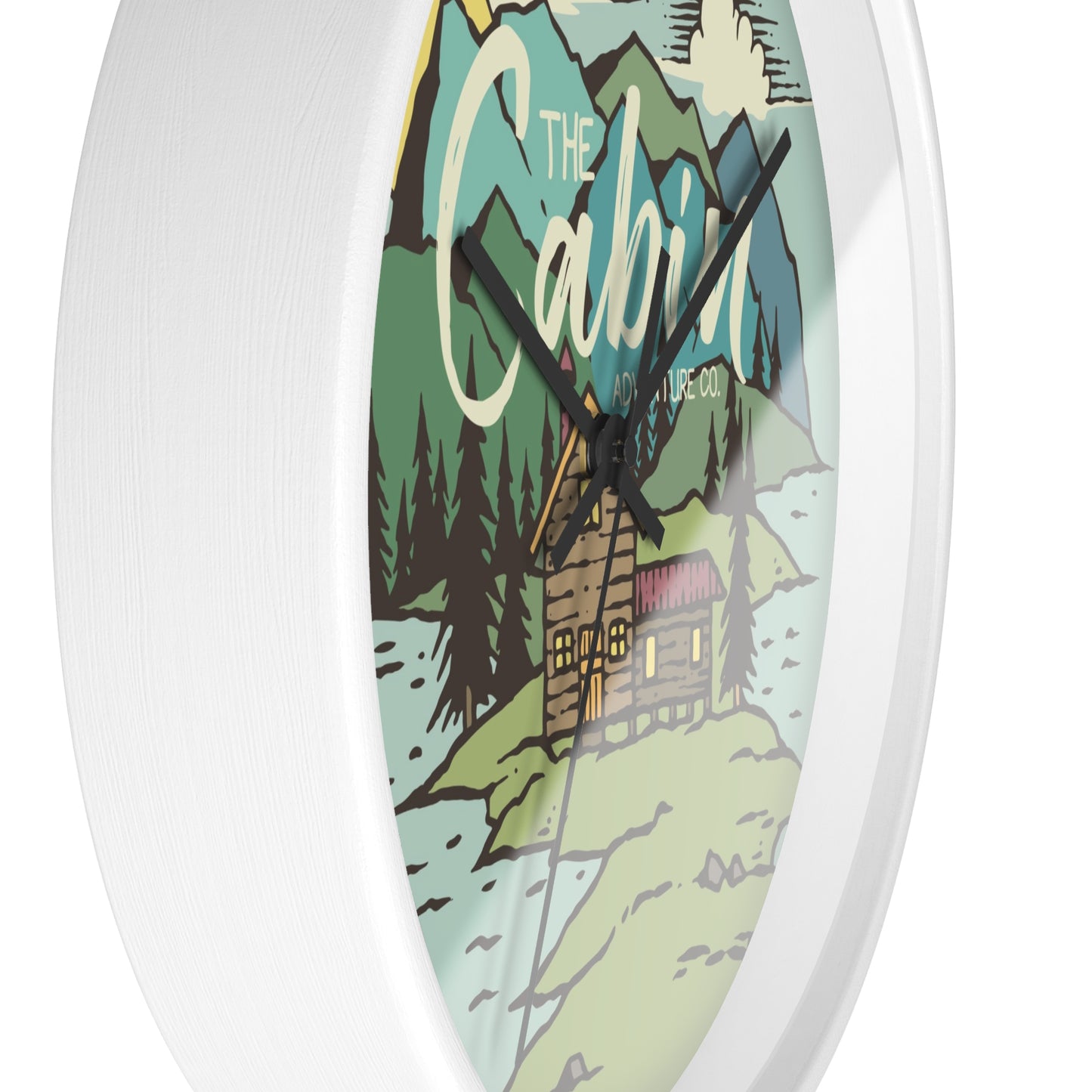 Cabin by the Lake Wall Clock - Cozy Nature Home Decor with Calm Mountain Illustration