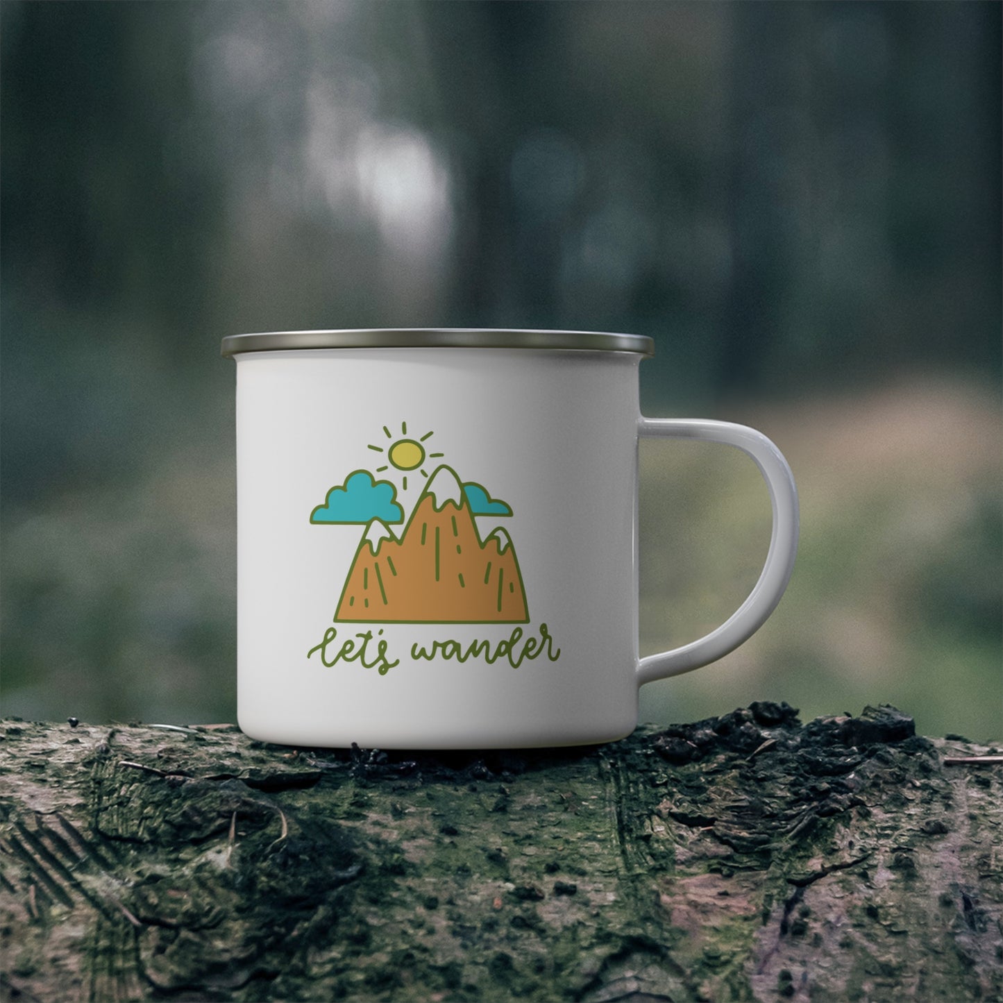 Lets Wander Enamel Camping Mug - Mountain Adventure Coffee Cup, Outdoor Travel Mug