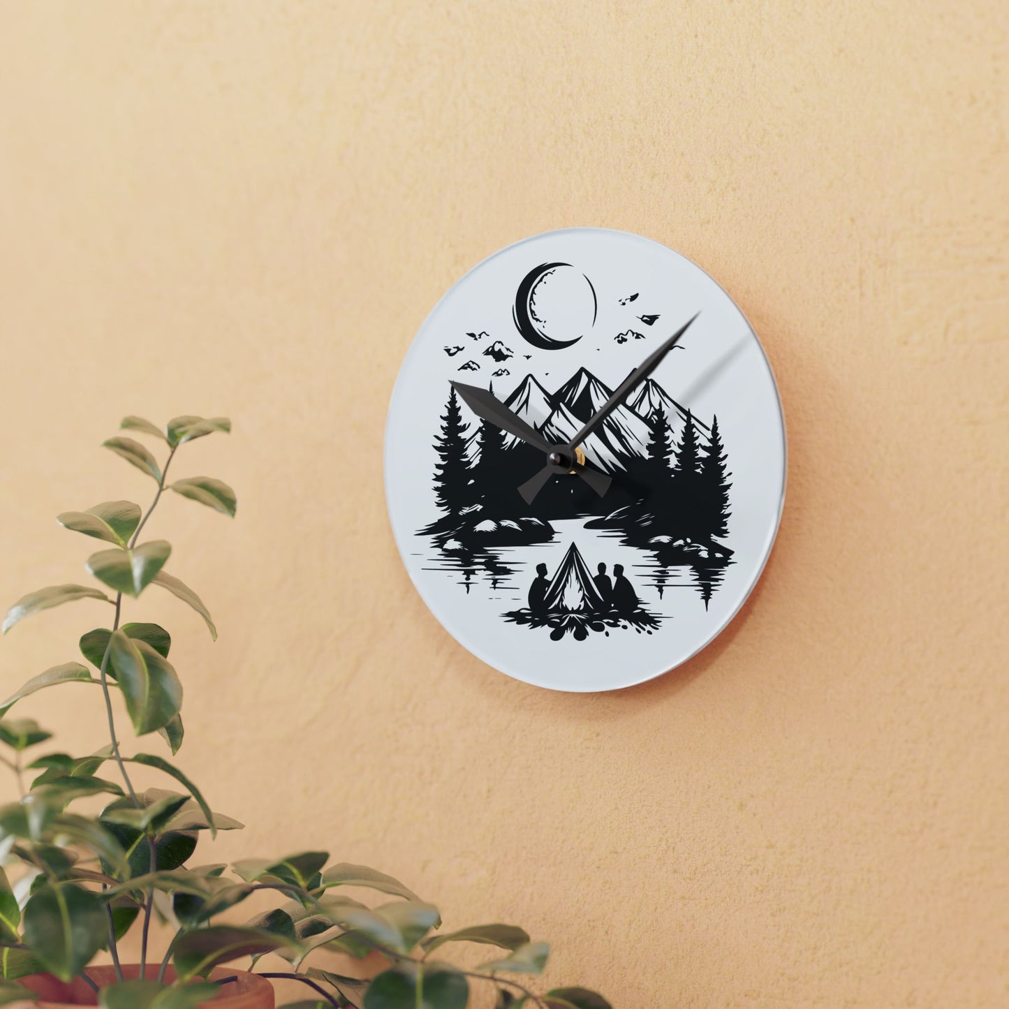 Minimal Night Camping Acrylic Wall Clock - Black and White Nature Home Decor