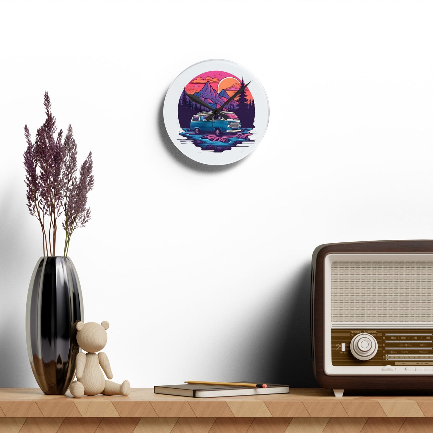 Van Life Mountain Acrylic Wall Clock - Modern Nature Home Decor with Scenic Adventure Art