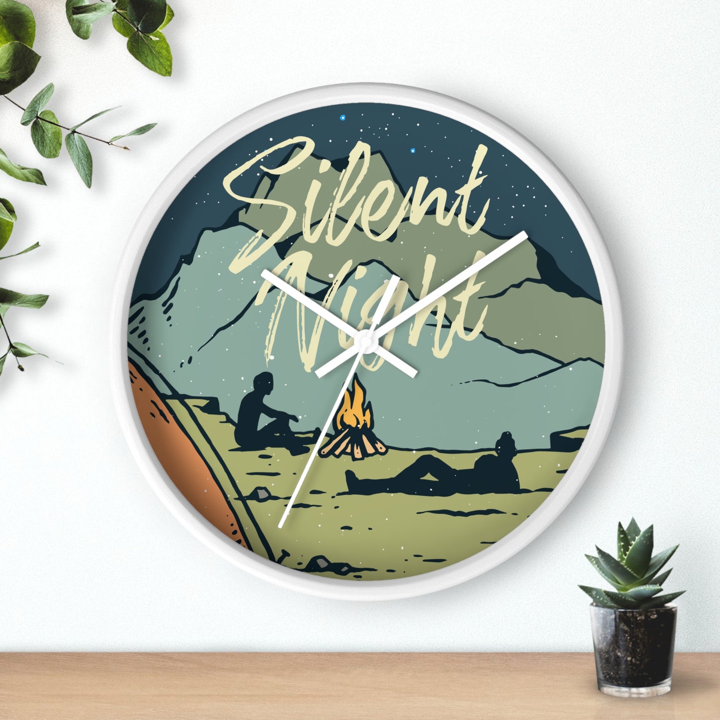 Silent Night Wall Clock - Cozy Nature Home Decor with Campfire and Mountain Scene