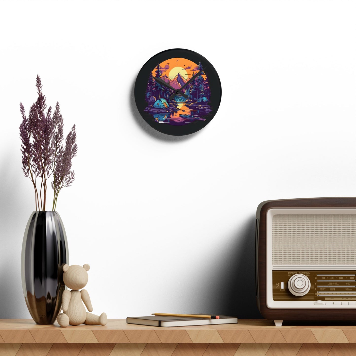 Mountain Lake Camping Acrylic Wall Clock - Modern Nature Home Decor with Scenic Outdoor Art