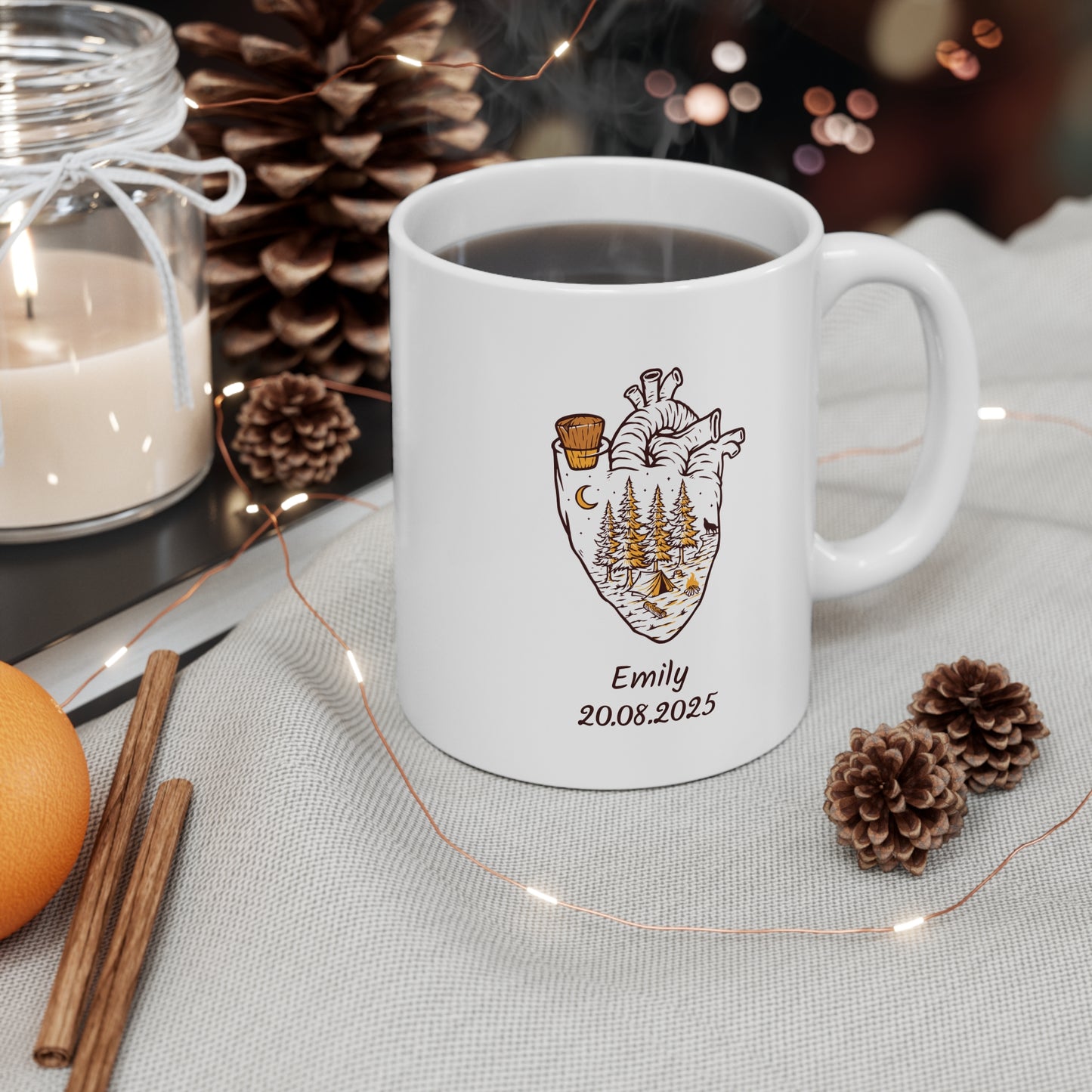 Personalized Anatomical Heart Forest Mug - Custom Name & Date Nature Illustration Coffee Cup