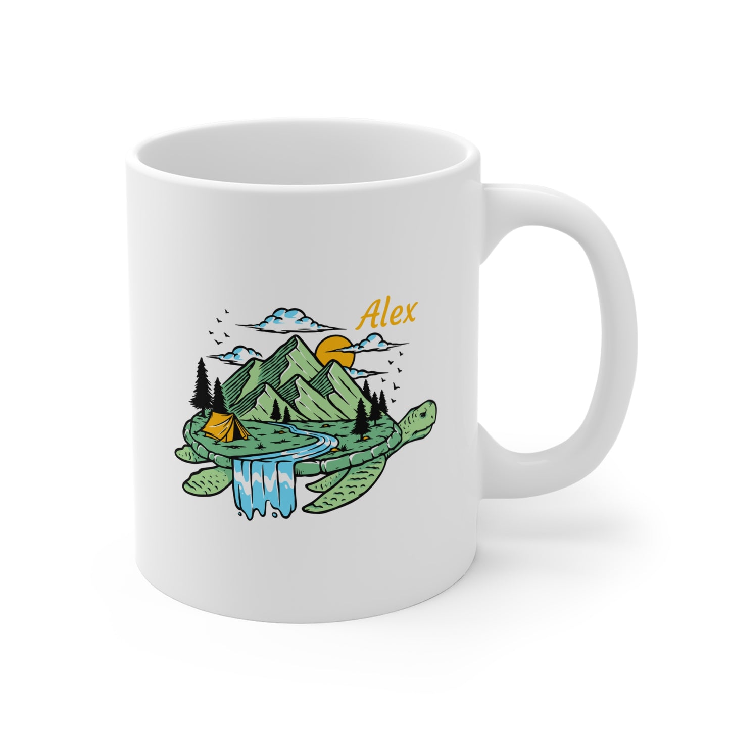 Personalized Turtle Nature Mug - Custom Name Mountain & River Illustration Coffee Cup