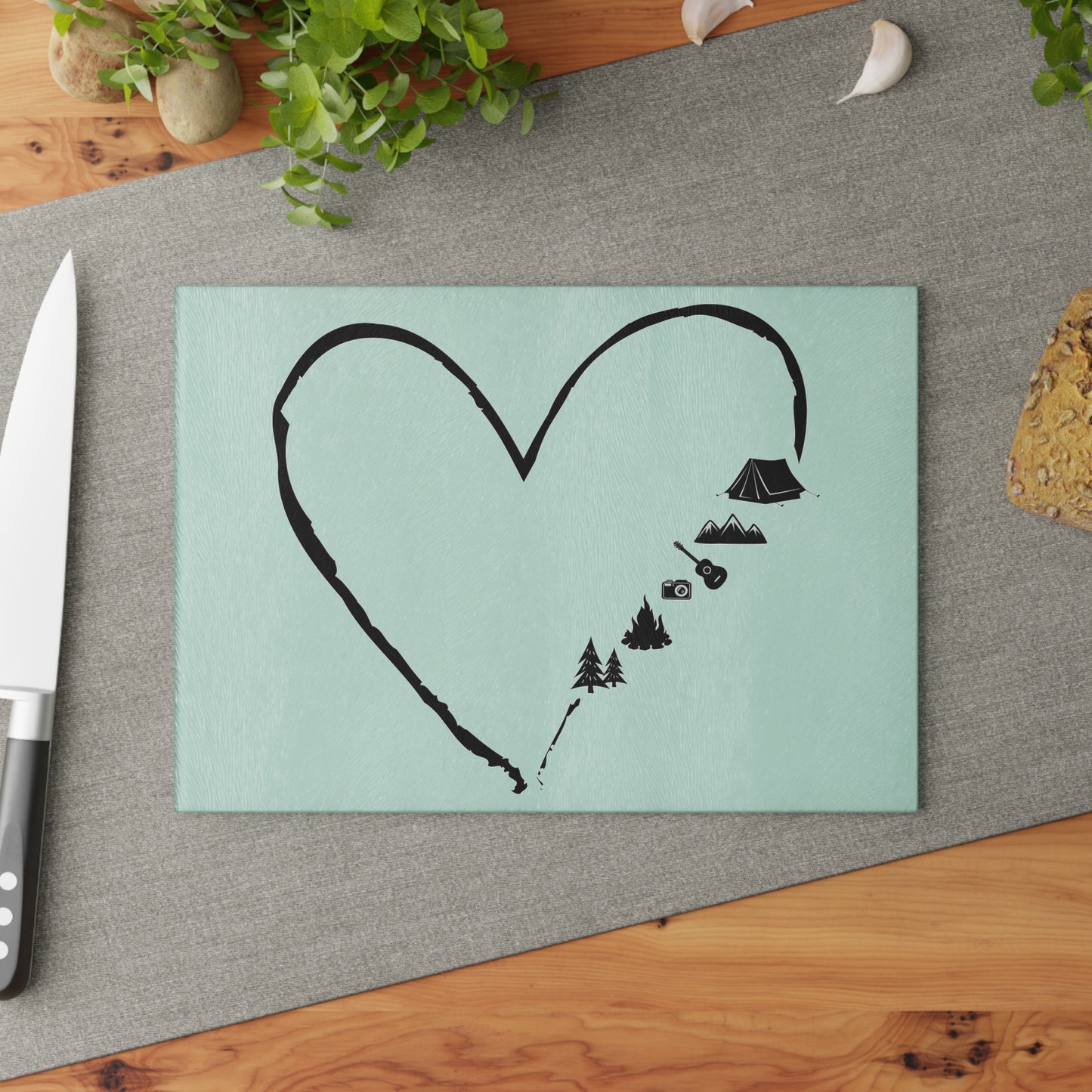 Camping Heart Glass Cutting Board - Outdoor Love Design for Campers, Adventure & Nature Lovers