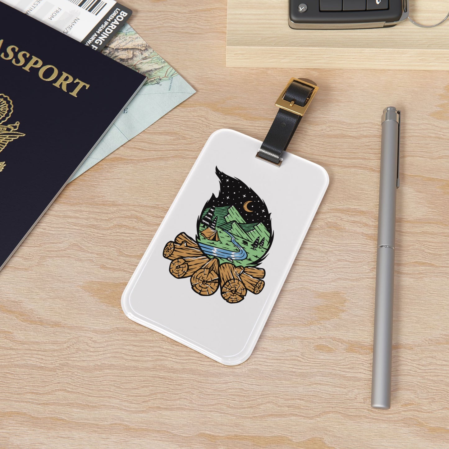 Night Campfire Landscape Luggage Tag with Mountain Nature Illustration