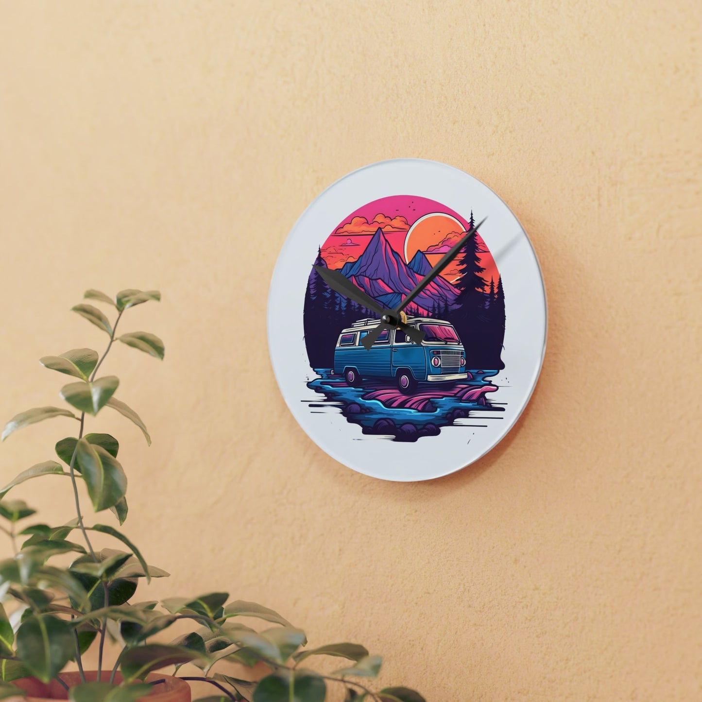 Van Life Mountain Acrylic Wall Clock - Modern Nature Home Decor with Scenic Adventure Art