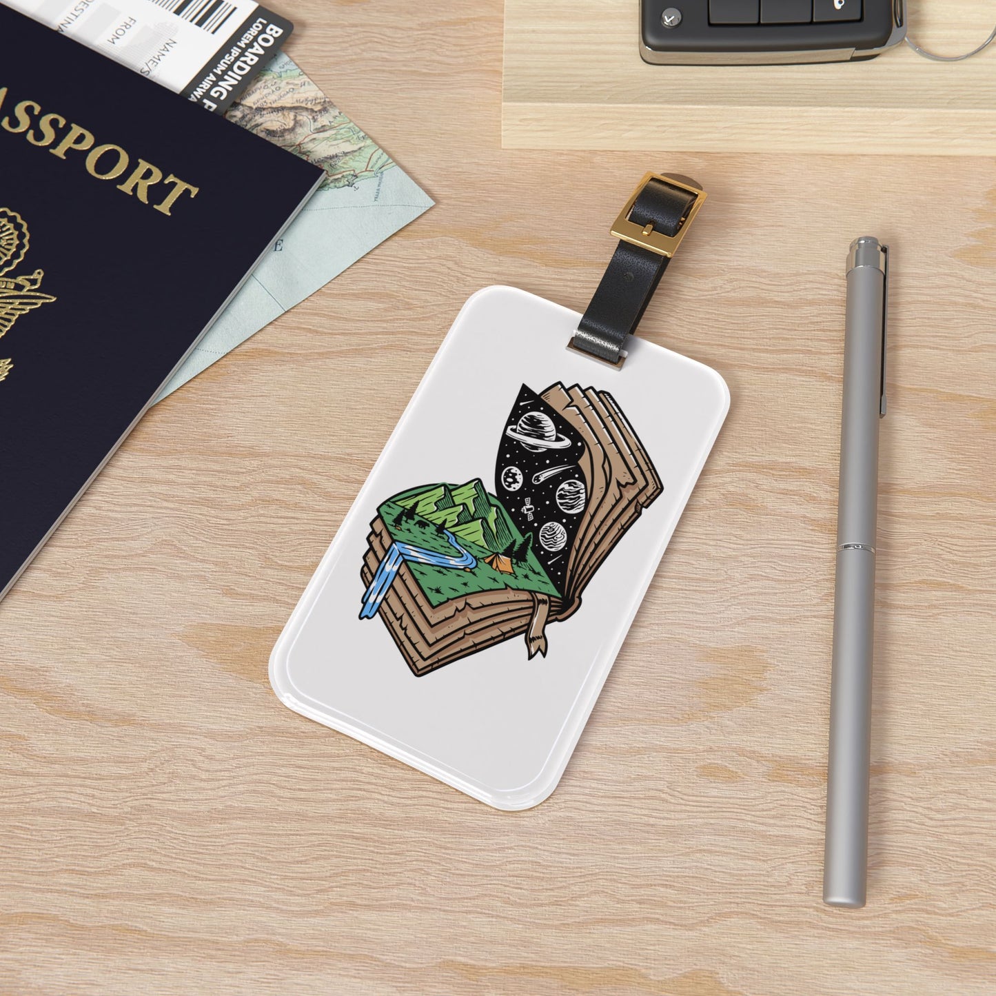 Adventure Book Luggage Tag - Travel Bag Tag with Mountains, River & Night Sky Illustration