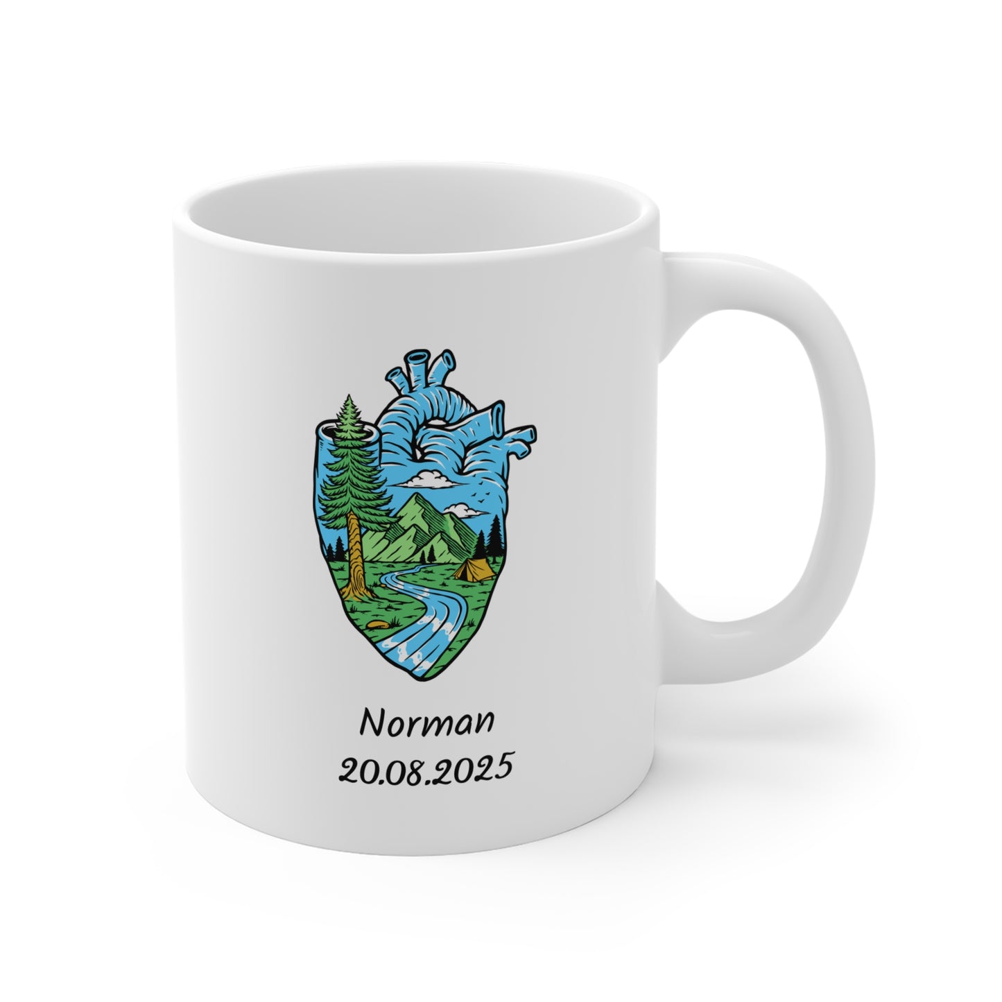 Personalized Anatomical Heart Nature Mug - Custom Name & Date Mountain River Illustration Coffee Cup