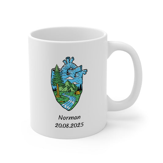 Personalized Anatomical Heart Nature Mug - Custom Name & Date Mountain River Illustration Coffee Cup