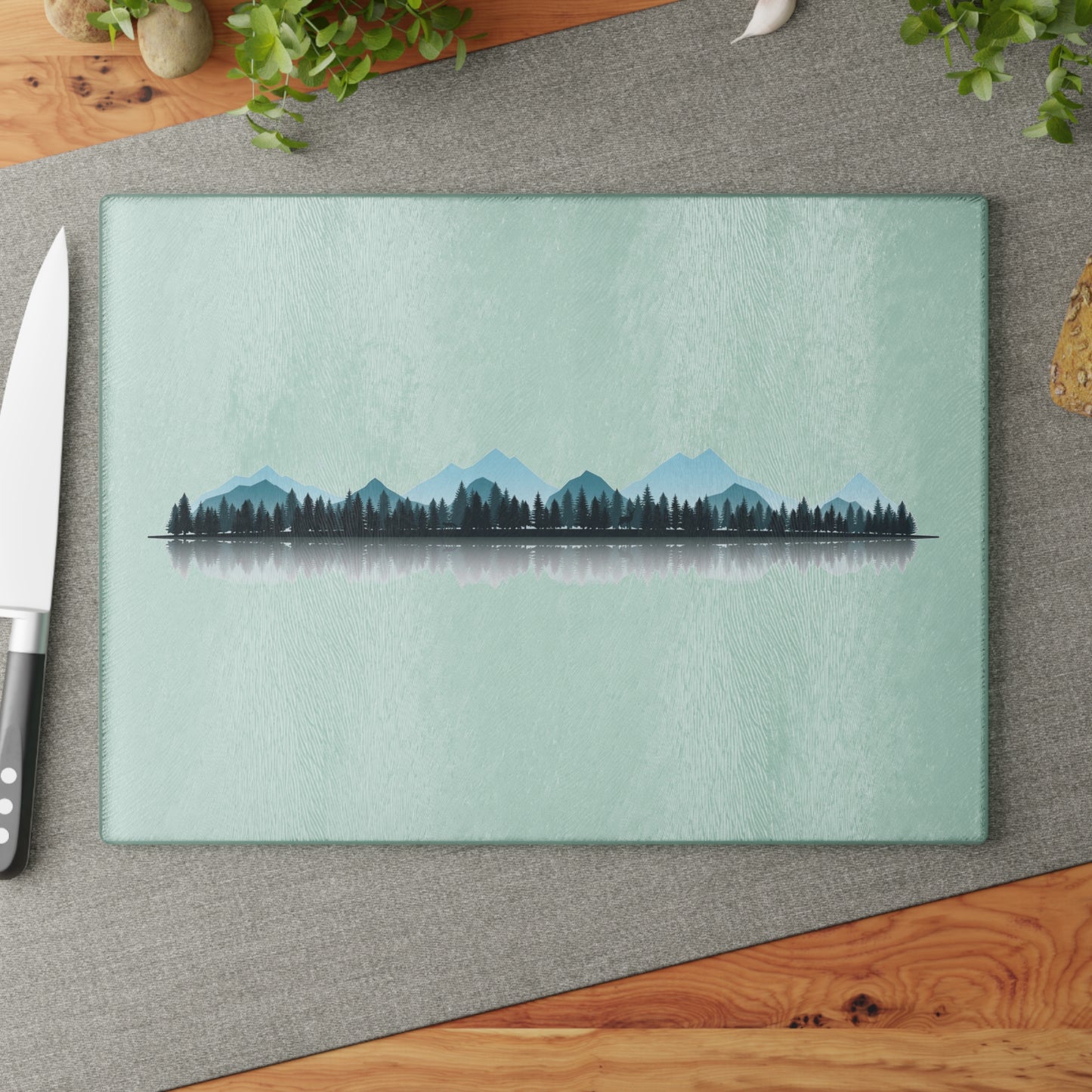 Minimal Mountain Landscape Glass Cutting Board - Calm Nature Kitchen Board, Modern Forest Kitchen Decor