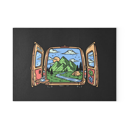 Van Door Mountain View Glass Cutting Board with Camping Nature Scene