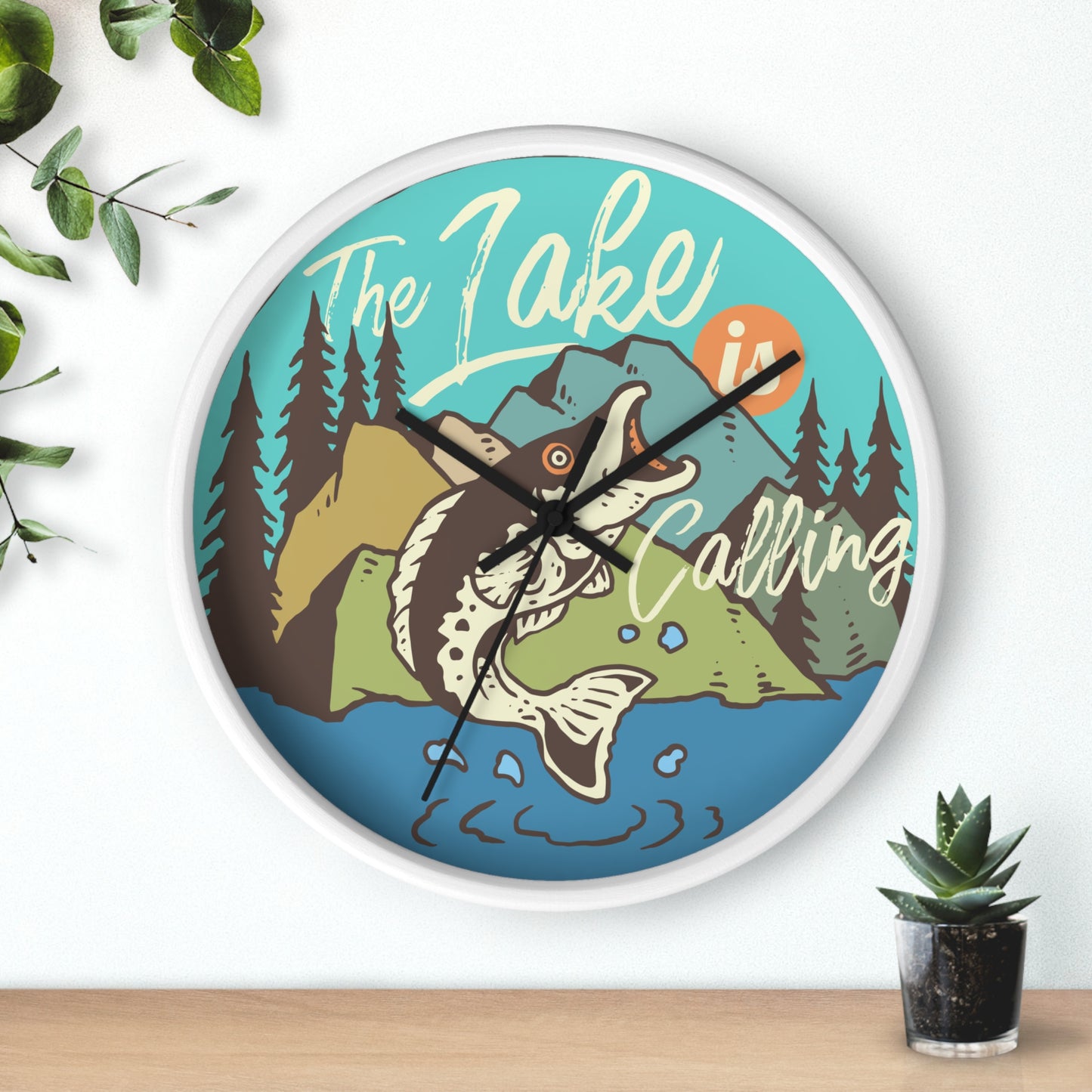 The Lake Is Calling Wall Clock - Cozy Nature Home Decor with Fishing Illustration
