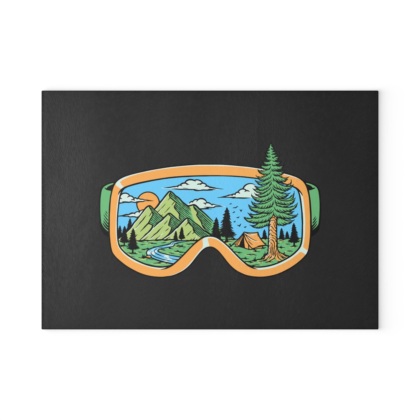 Mountain View Goggles Glass Cutting Board with Camping Nature Scene