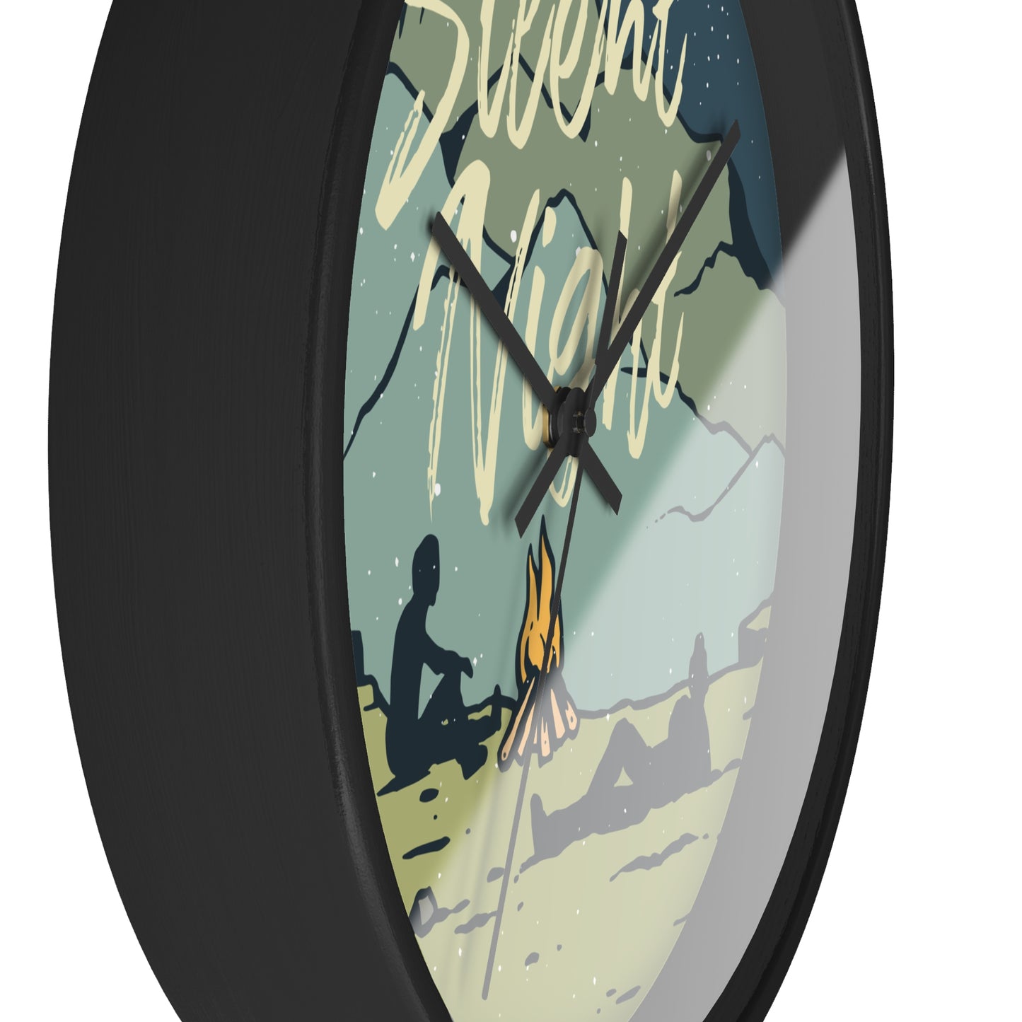 Silent Night Wall Clock - Cozy Nature Home Decor with Campfire and Mountain Scene