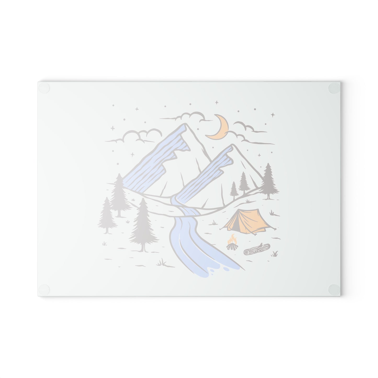 Moonlit Camping River Glass Cutting Board with Mountain Night Scene