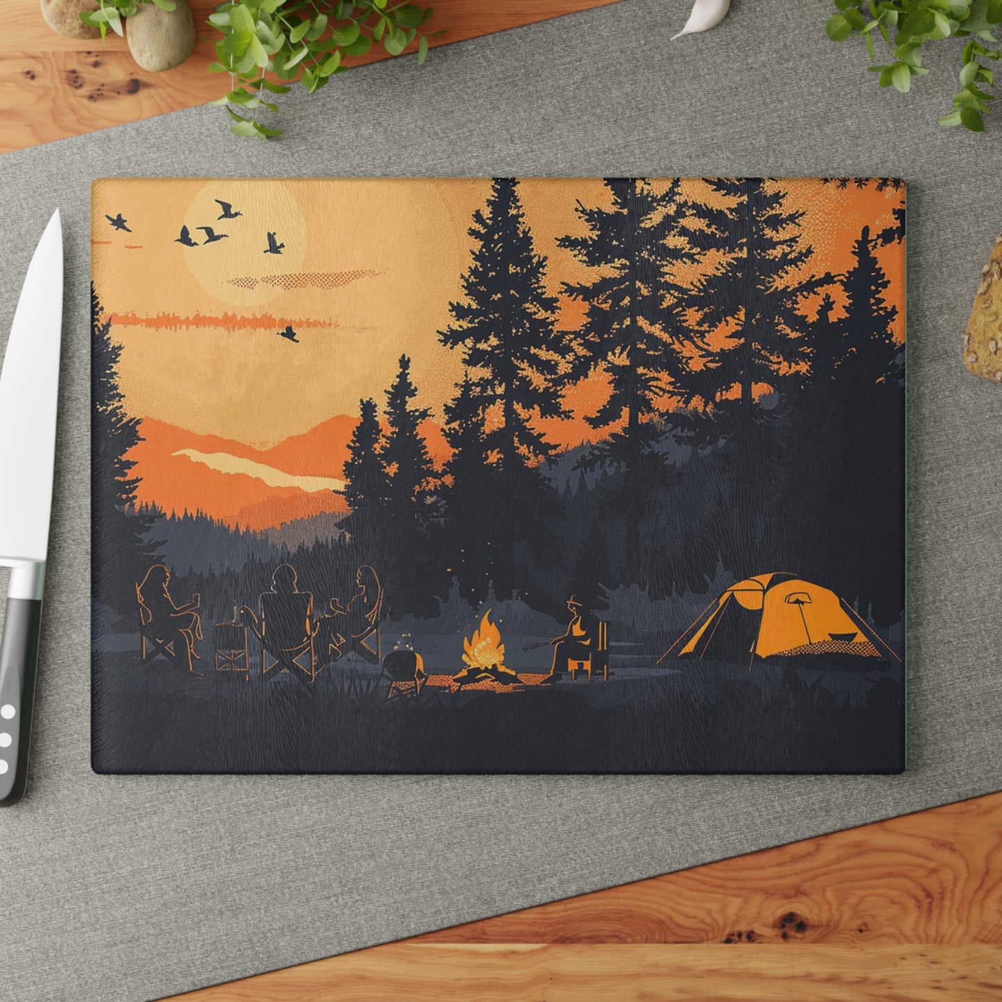 Camping Sunset Glass Cutting Board - Forest Campfire Kitchen Board, Outdoor Adventure Kitchen Decor