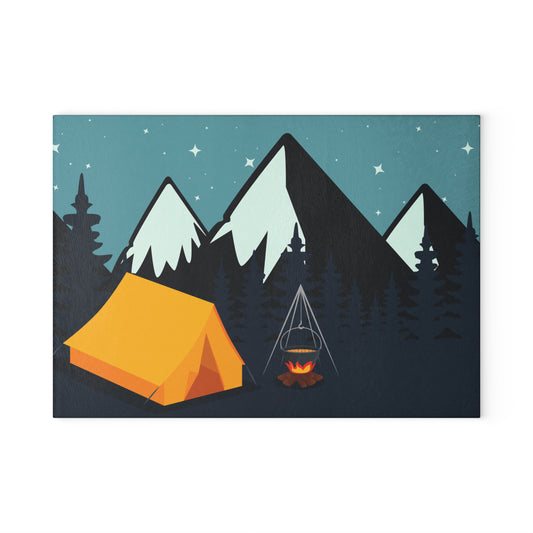 Night Camping Glass Cutting Board - Cozy Mountain Campfire Kitchen Board for Outdoor & Nature Lovers