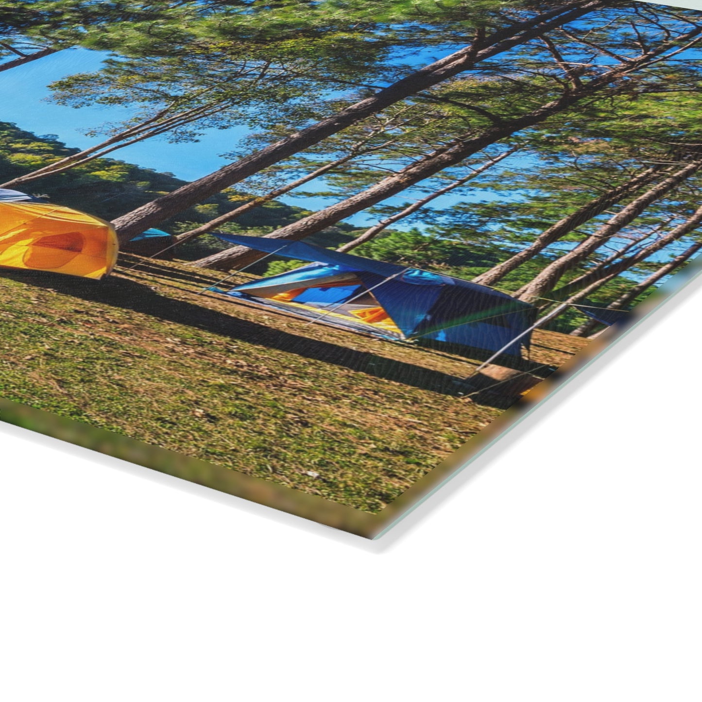 Lakeside Camping Morning Glass Cutting Board with Forest Nature Scene