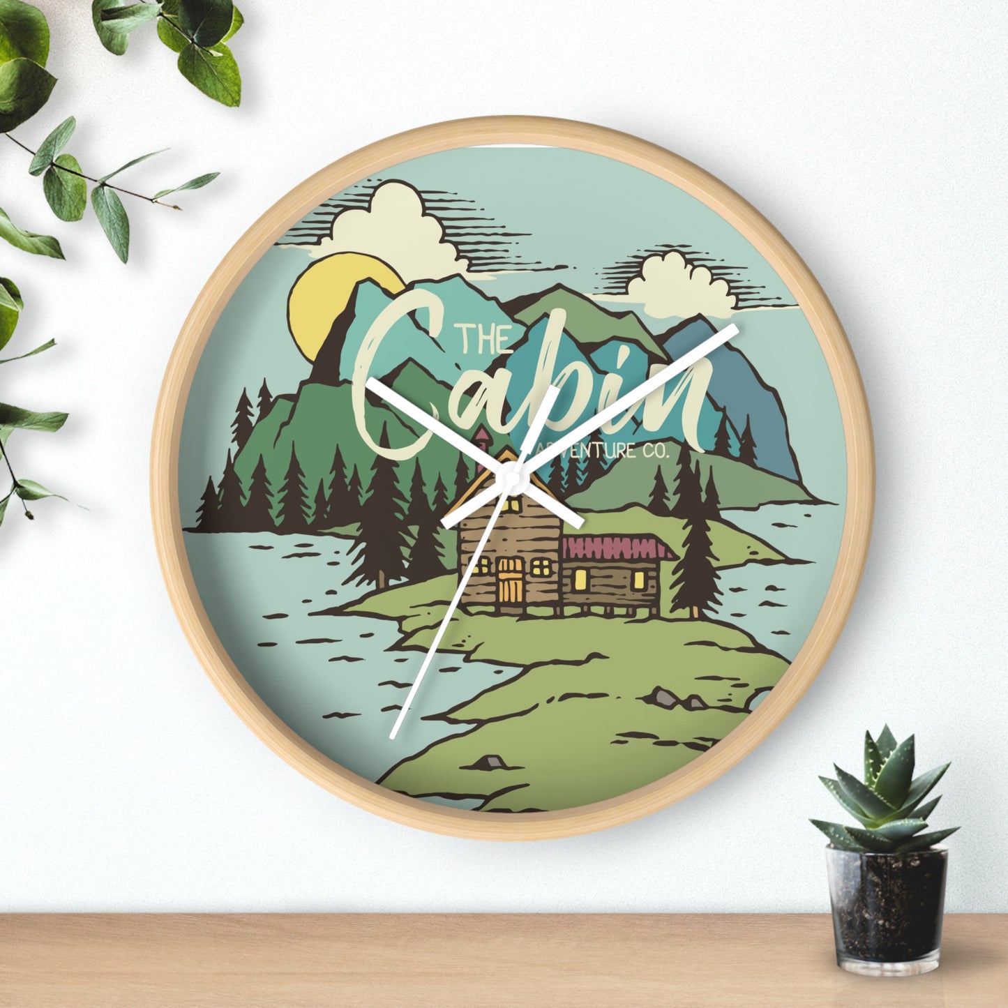 Cabin by the Lake Wall Clock - Cozy Nature Home Decor with Calm Mountain Illustration
