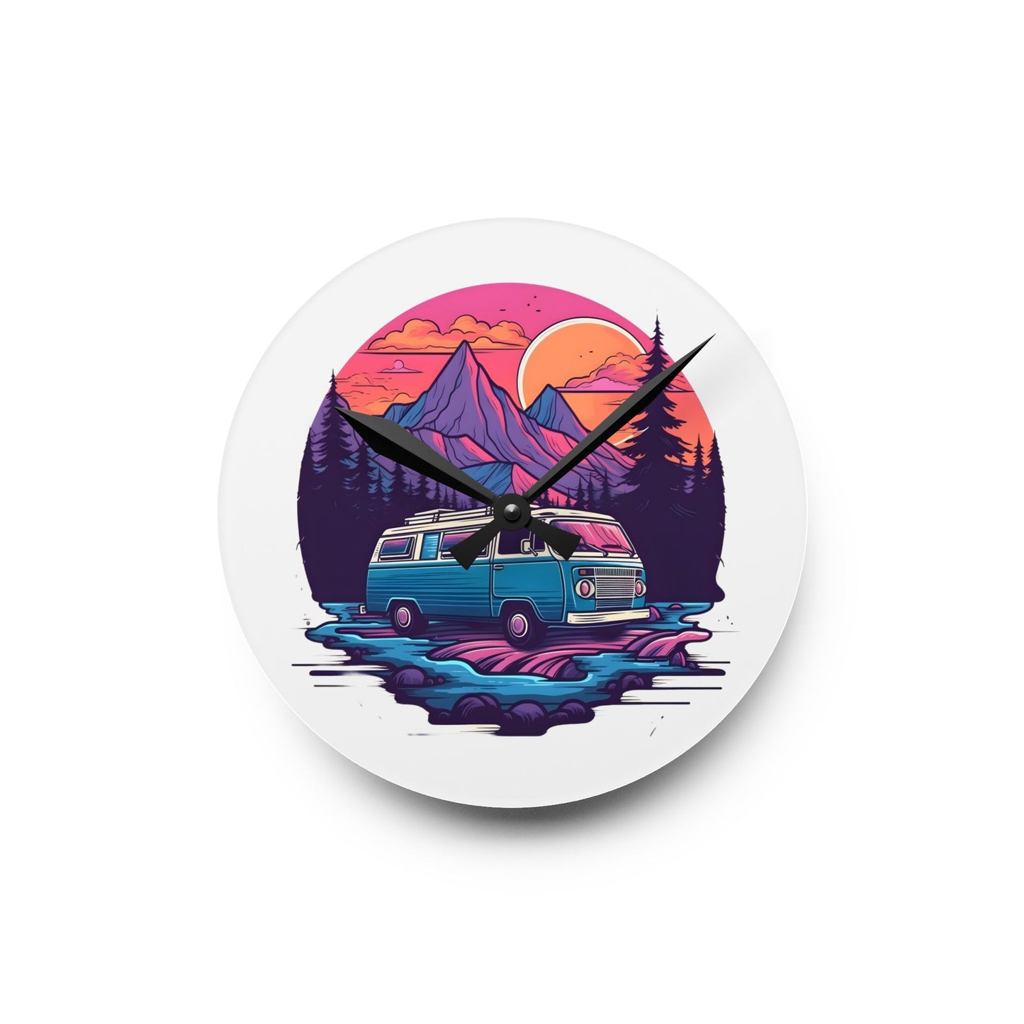 Van Life Mountain Acrylic Wall Clock - Modern Nature Home Decor with Scenic Adventure Art