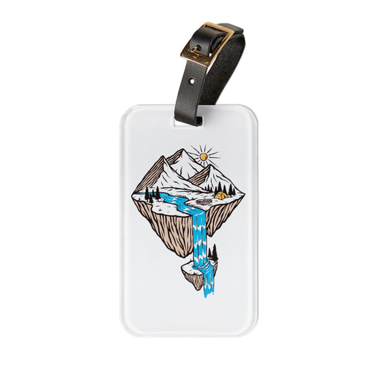 Floating Mountain Waterfall Luggage Tag with Camping Nature Illustration