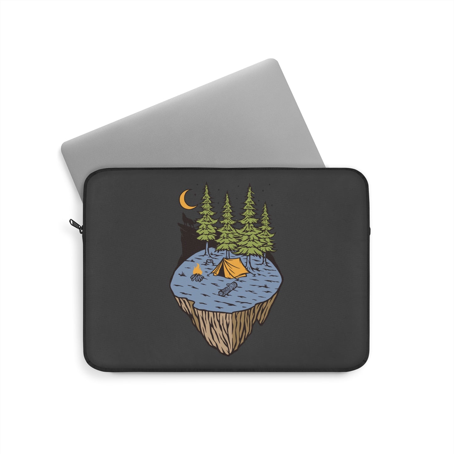 Floating Forest Night Laptop Sleeve with Camping Nature Illustration