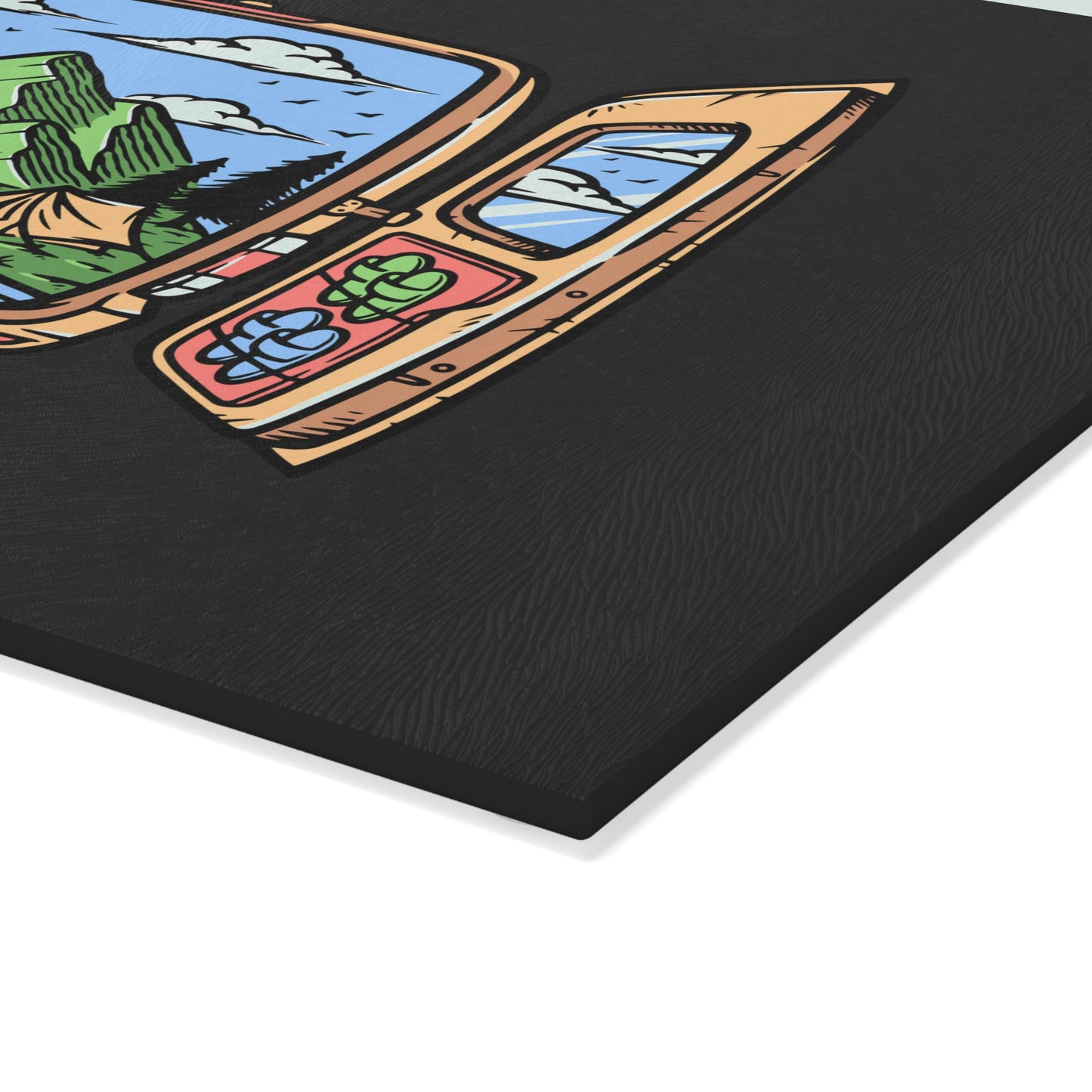 Van Door Mountain View Glass Cutting Board with Camping Nature Scene