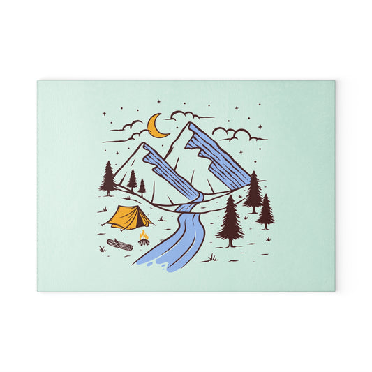 Moonlit Camping River Glass Cutting Board with Mountain Night Scene