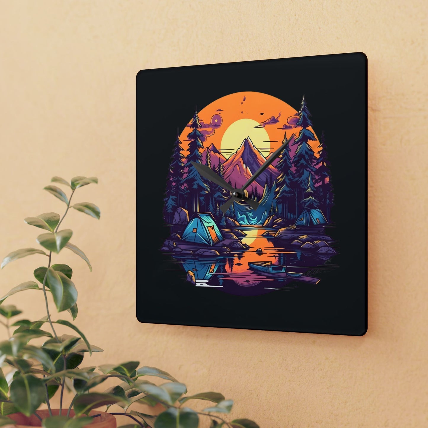 Mountain Lake Camping Acrylic Wall Clock - Modern Nature Home Decor with Scenic Outdoor Art