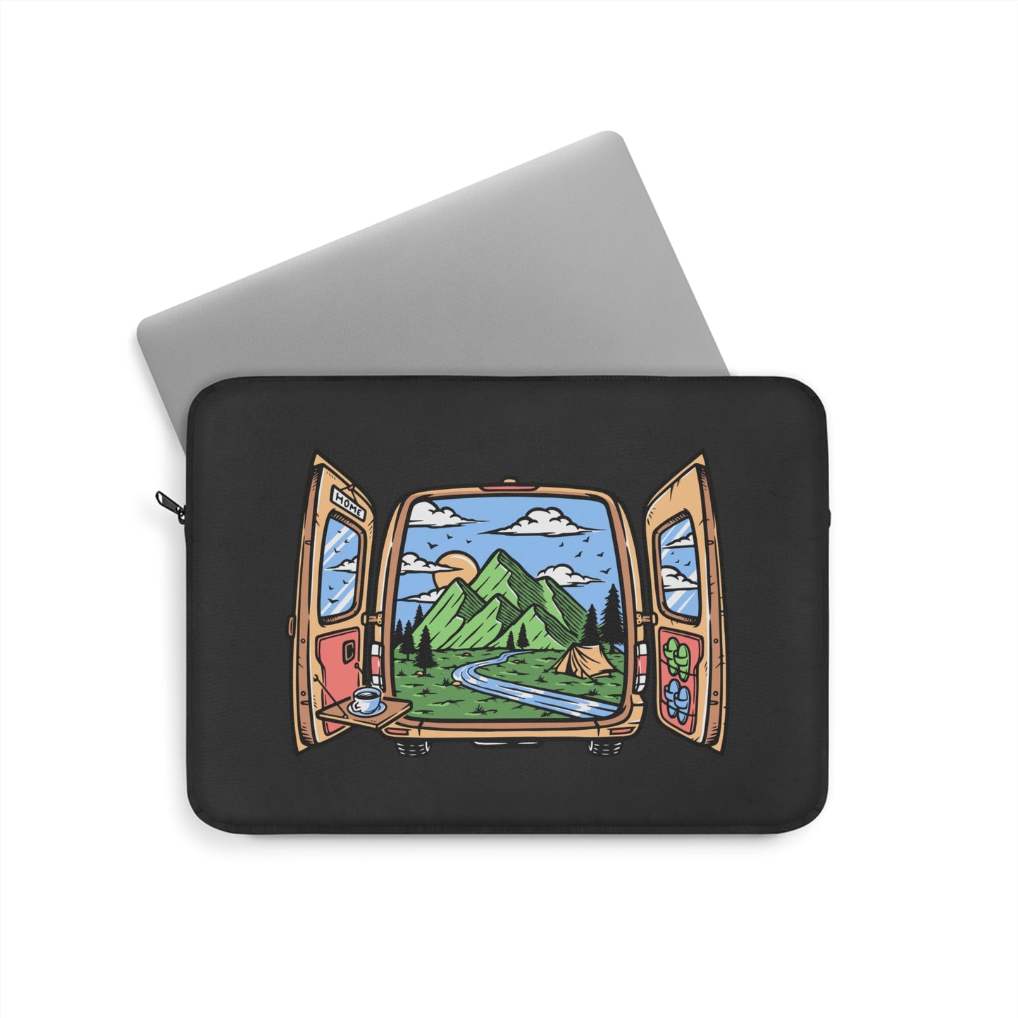 Van Life Laptop Sleeve - Camper Van Open Doors Mountain Design Protective Case for Digital Nomads & Road Trip Lovers