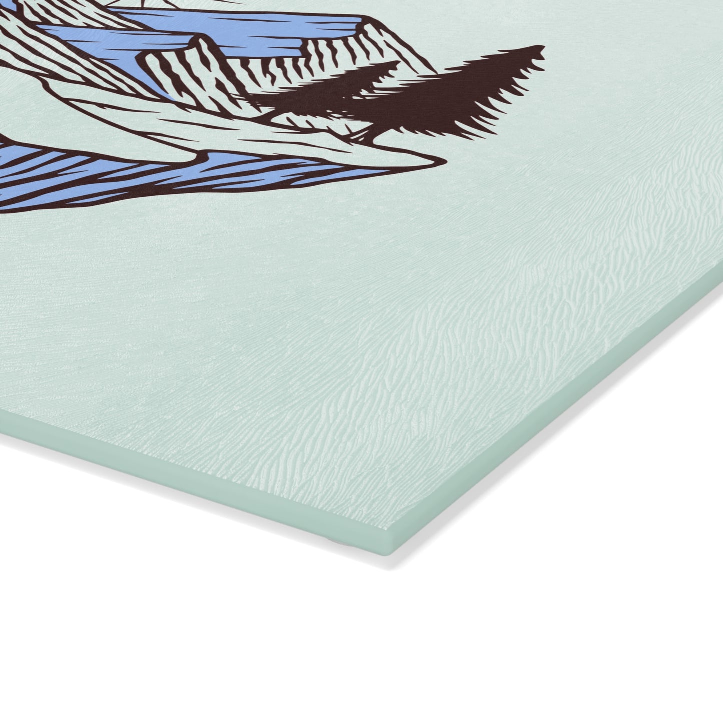 Floating Cabin Mountain Glass Cutting Board with Cozy Nature Illustration