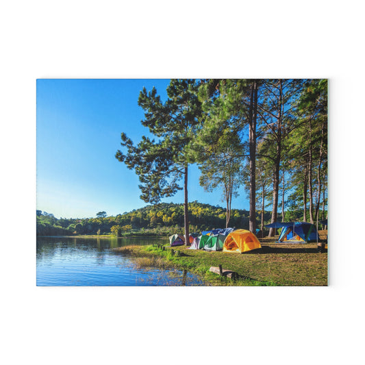 Lakeside Camping Morning Glass Cutting Board with Forest Nature Scene