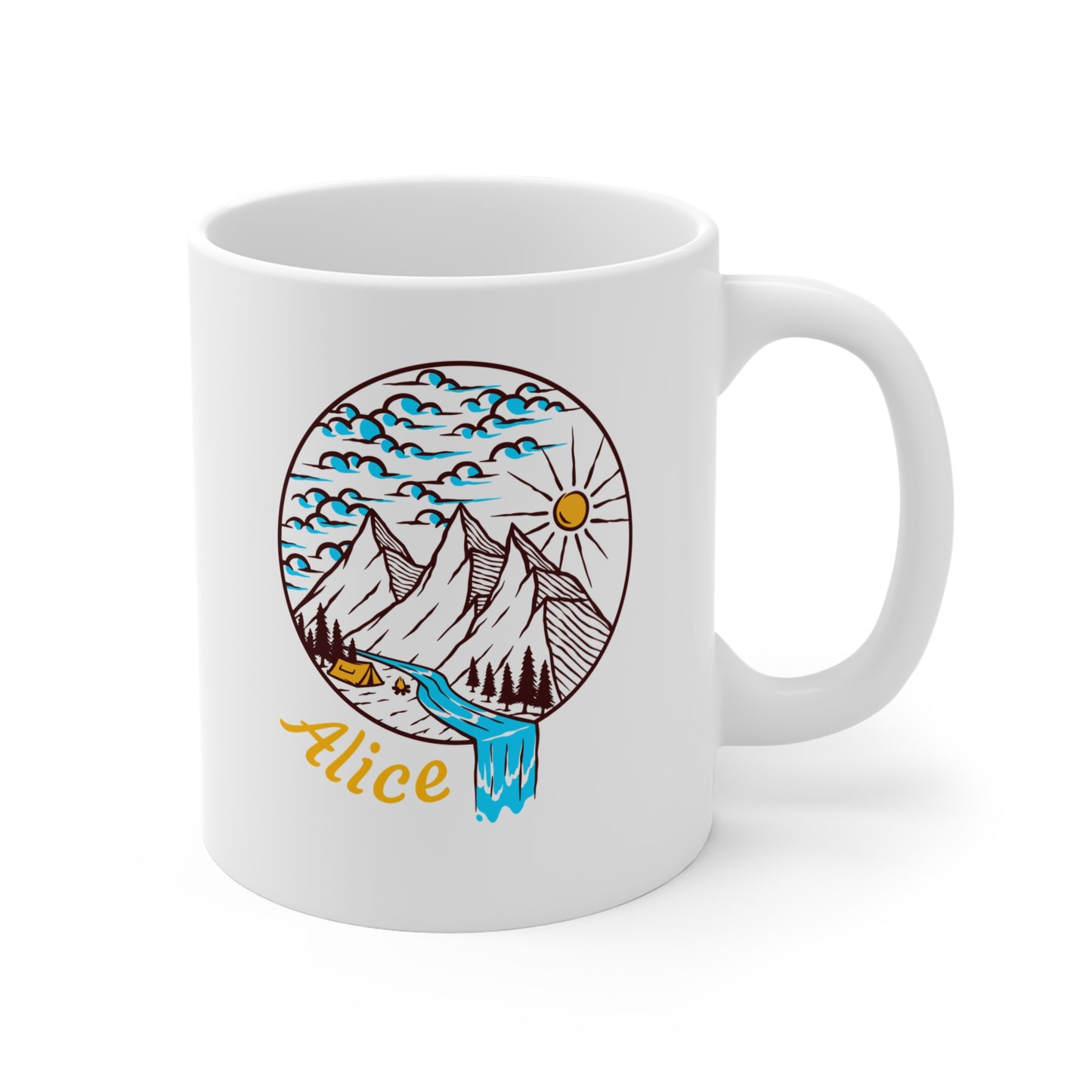 Personalized Mountain Mug 11oz, Custom Name Nature Coffee Cup, Hiking Gift for Men and Women, Outdoor Adventure Mug, Scenic Landscape Cup