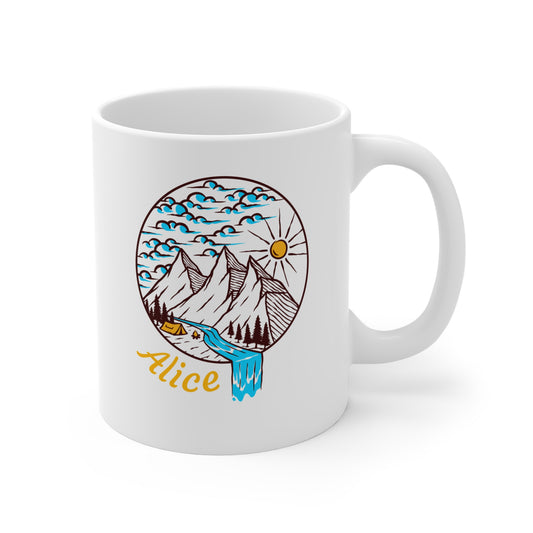 Personalized Mountain Mug 11oz, Custom Name Nature Coffee Cup, Hiking Gift for Men and Women, Outdoor Adventure Mug, Scenic Landscape Cup