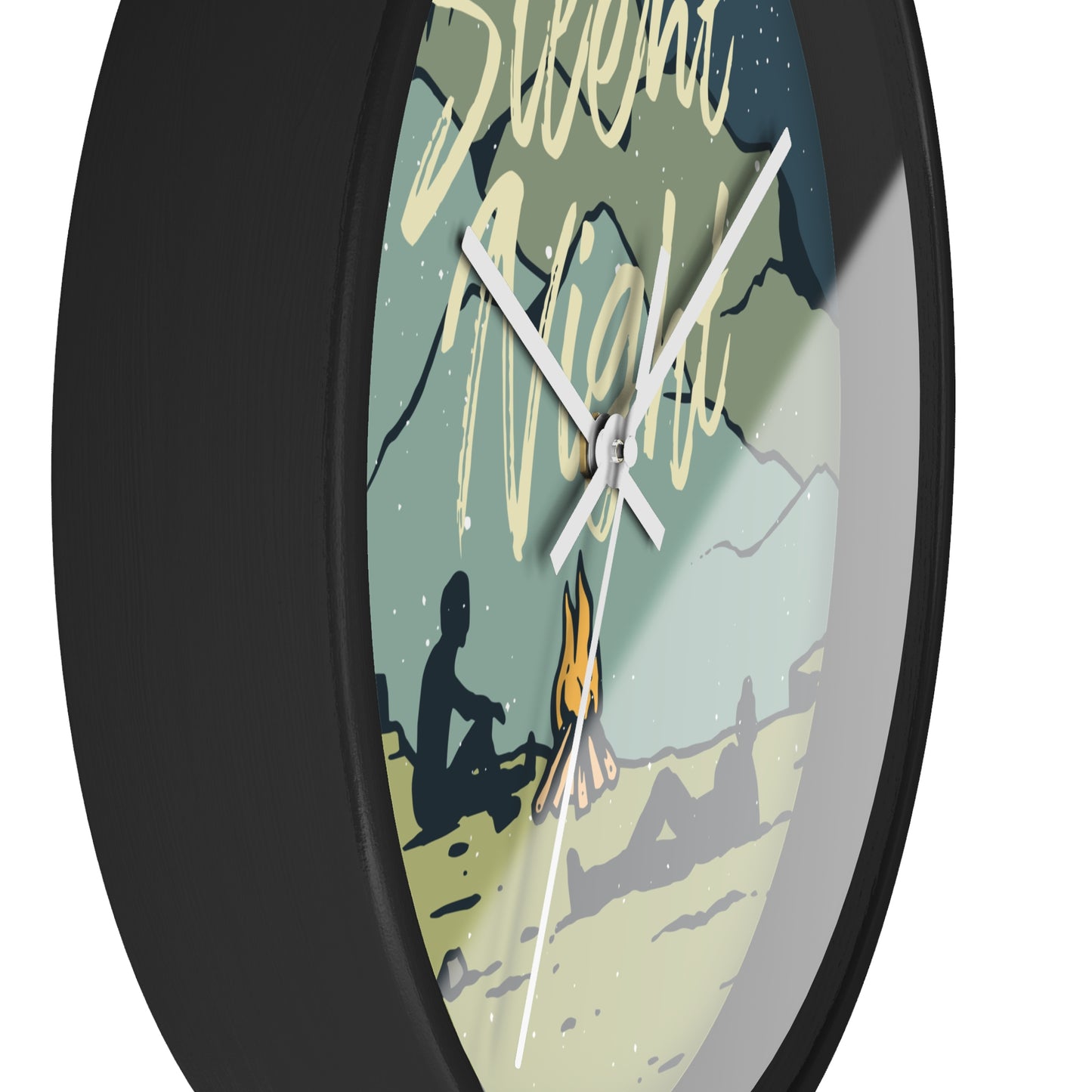 Silent Night Wall Clock - Cozy Nature Home Decor with Campfire and Mountain Scene
