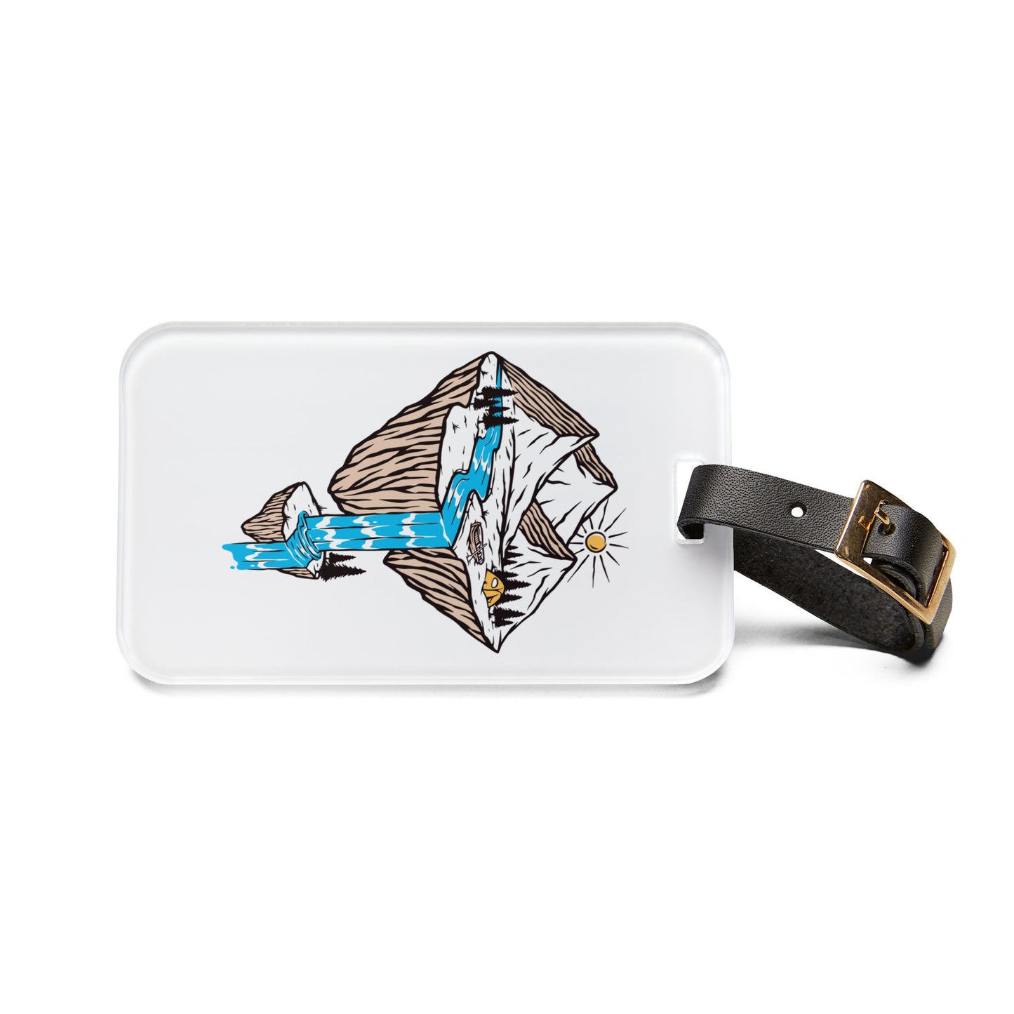 Floating Mountain Waterfall Luggage Tag with Camping Nature Illustration