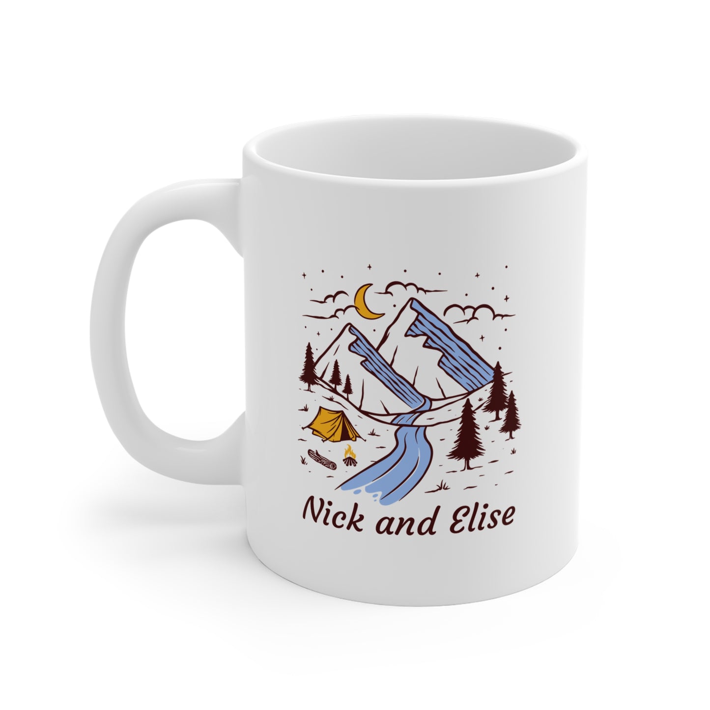 Personalized Couple Camping Mug - Custom Names Mountain River Night Coffee Cup